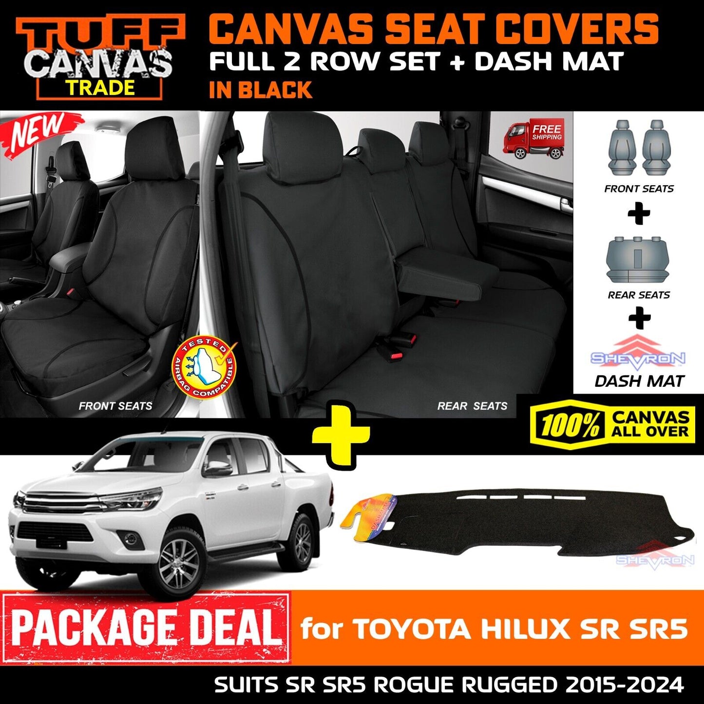 Tuff HD TRADE Canvas Seat Covers 2 Row + Dash Mat For Toyota Hilux SR SR5 Rugged 2015-2025 DM1412 Black
