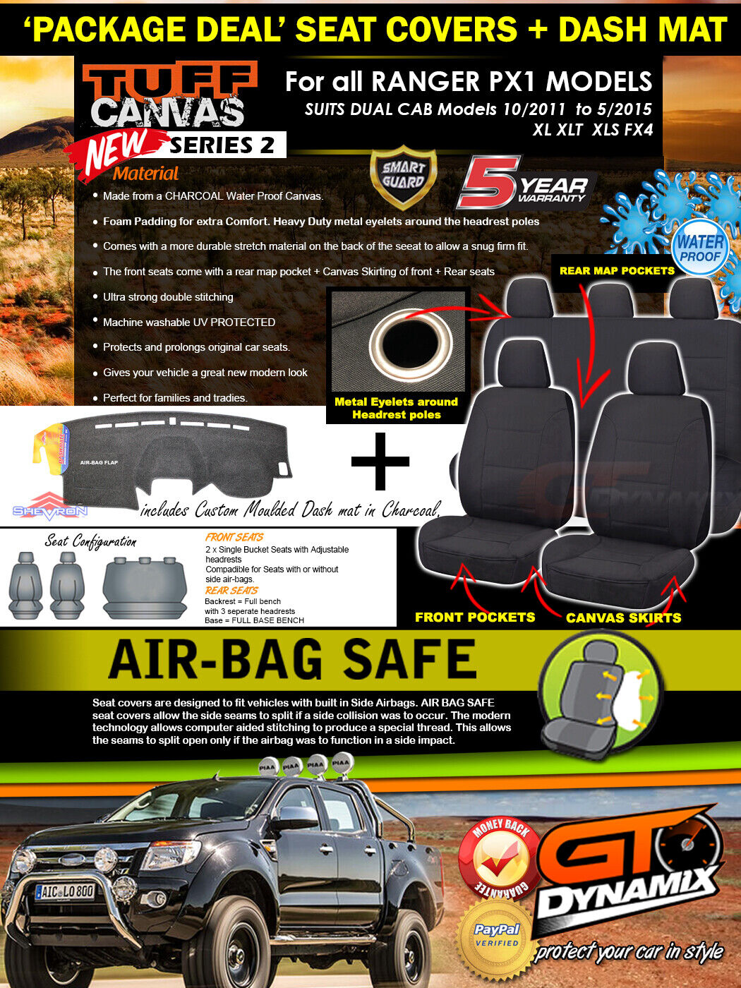 Tuff Canvas Seat Covers 2 Row + Dash Mat For Ford PX Ranger XLT XL 10/2011-2015 DM1244 Charcoal