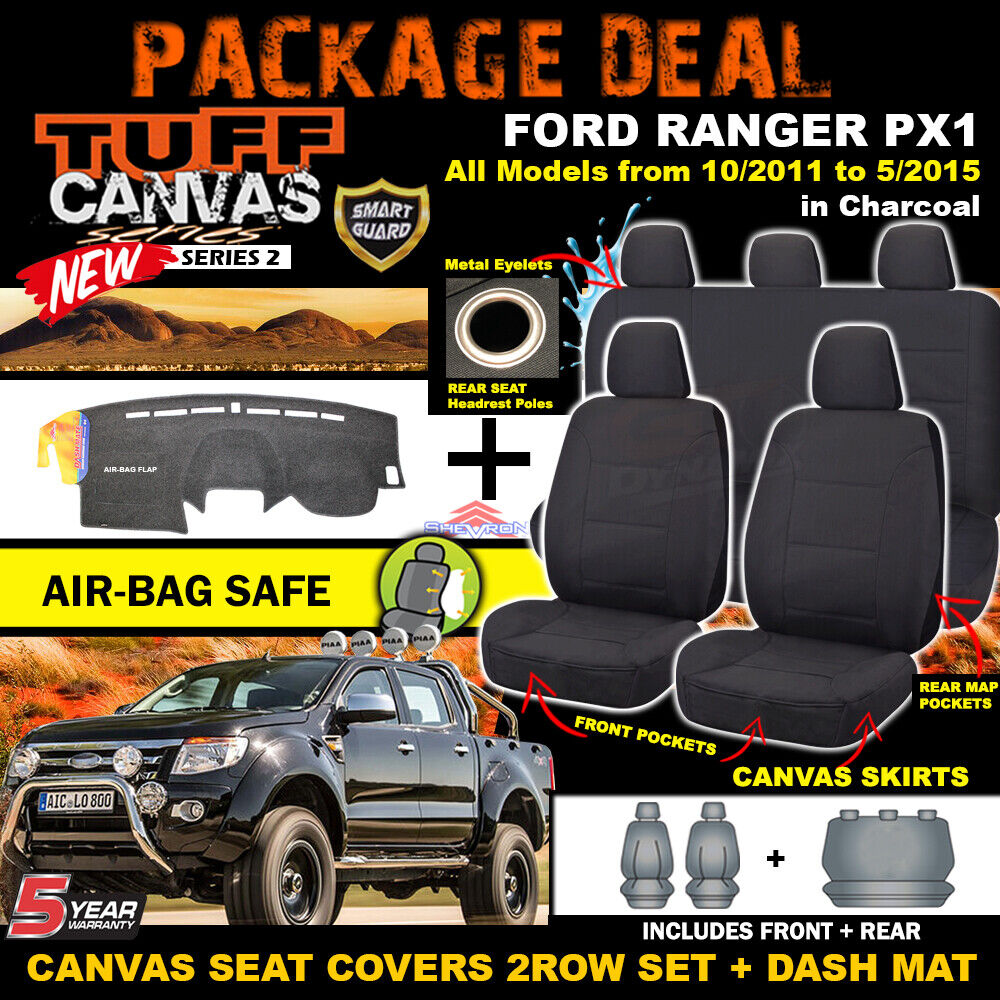 Tuff Canvas Seat Covers 2 Row + Dash Mat For Ford PX Ranger XLT XL 10/2011-2015 DM1244 Charcoal