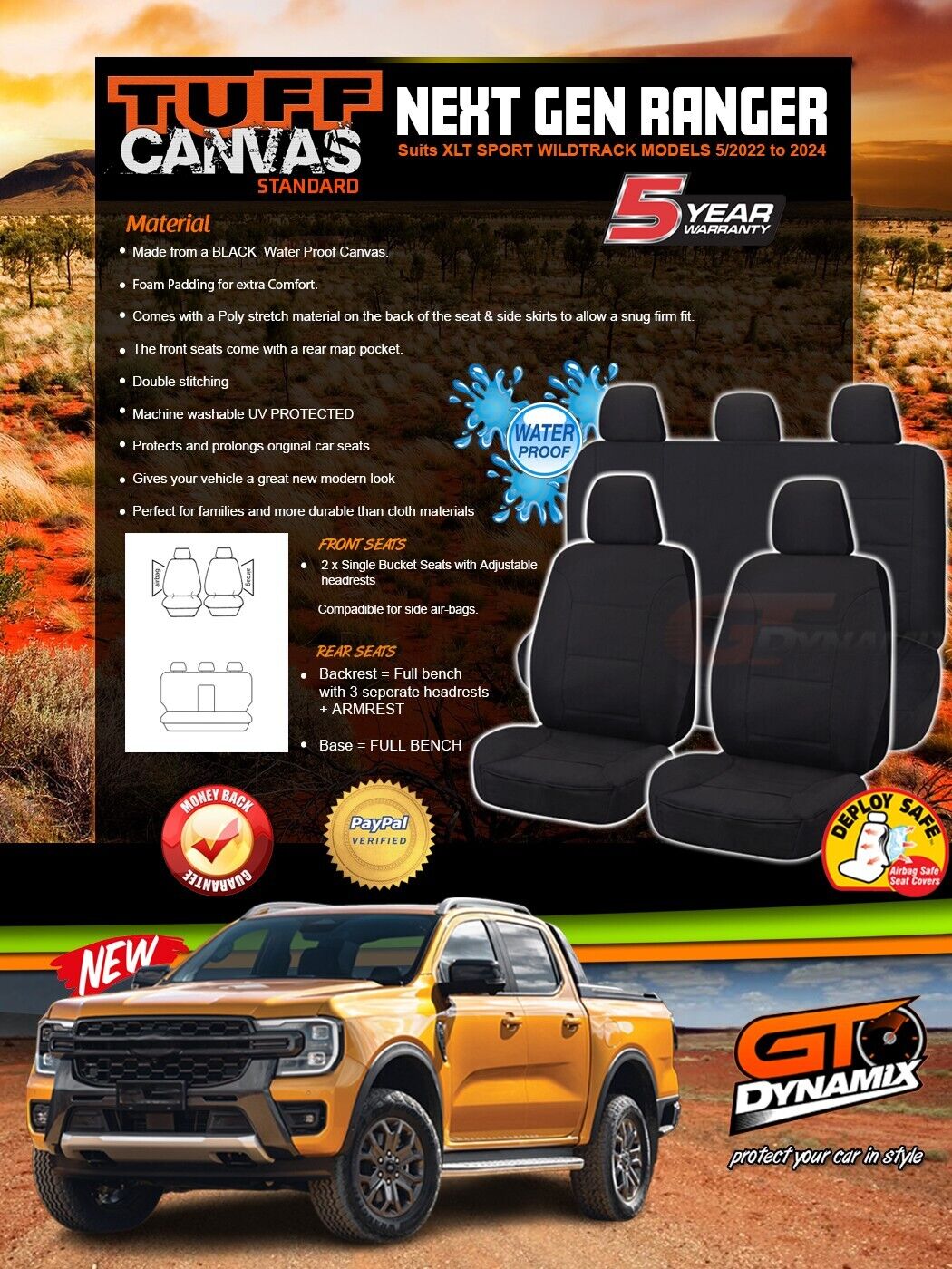 Tuff Canvas Seat Covers 2 Rows For Ford NEXT GEN Ranger XLT SPORT WILDTRACK 5/2022-2025 Black