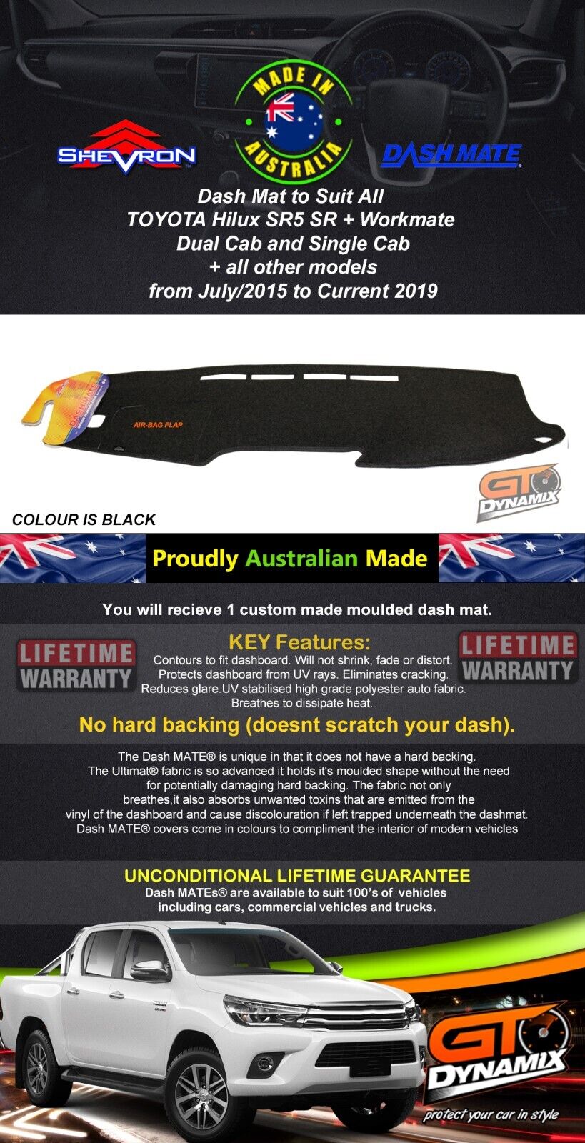 Tuff HD TRADE Canvas Seat Covers 2 Row + Dash Mat For Toyota Hilux SR SR5 Rugged 2015-2025 DM1412 Black