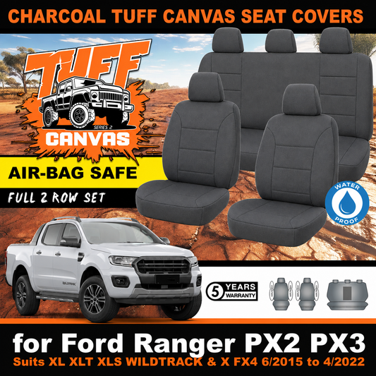Charcoal  Tuff Canvas S2 Seat Covers 2 Rows For Ford Ranger PX2 PX3 XL XLT SPORT WILDTRACK 6/2015-4/2022