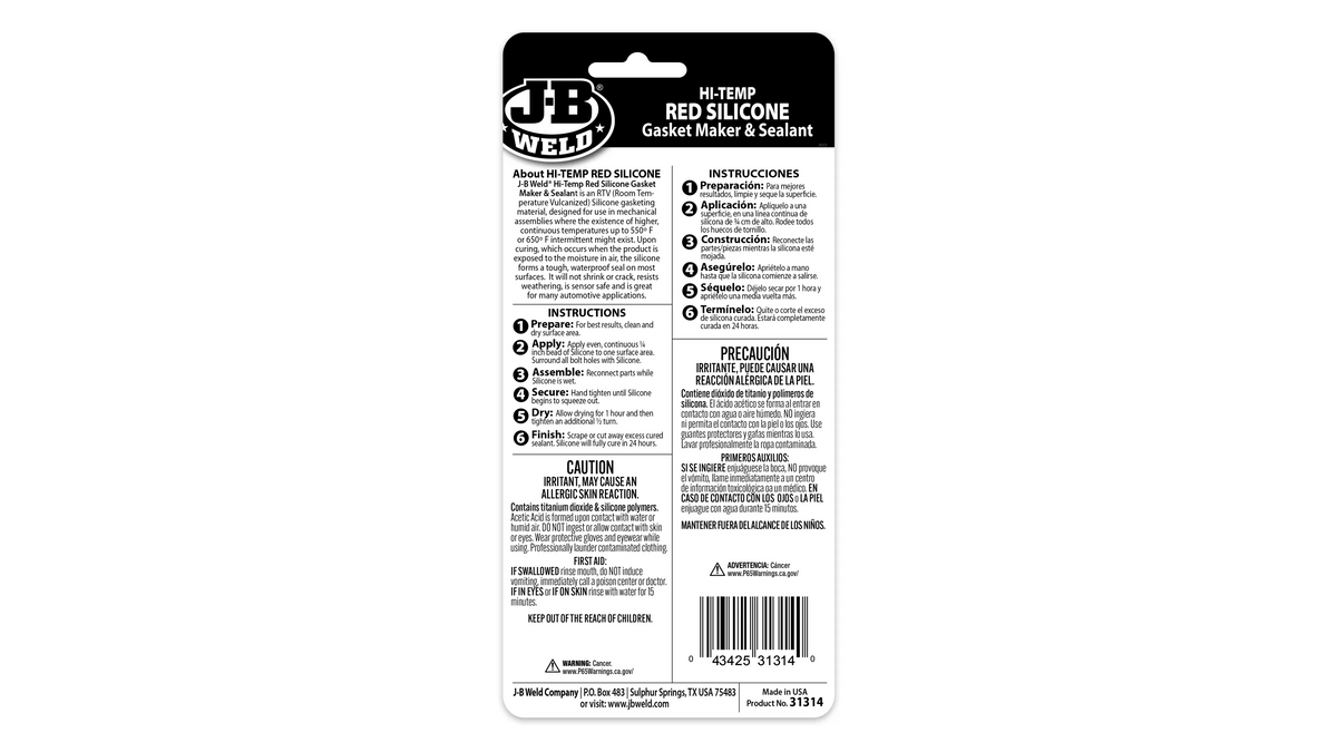 JB Weld Hi Temp Red Silicone Gasket Maker and Sealant 85g