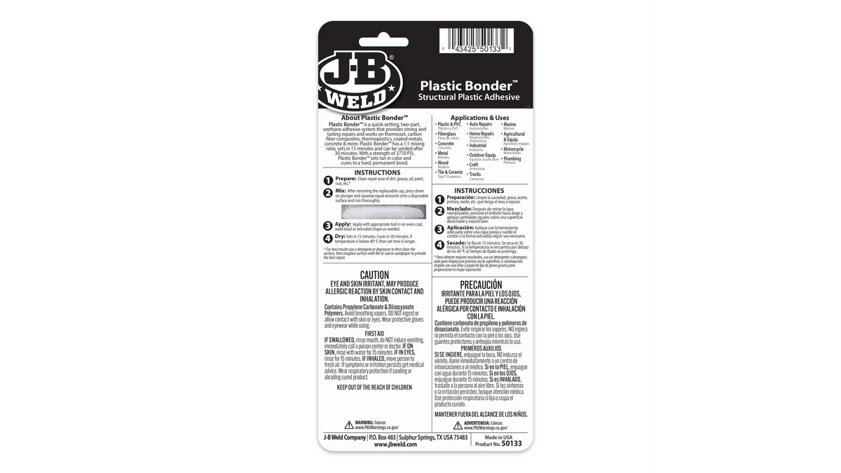 JB Weld Plastic Bonder Syringe Quick Setting Adhesive 25ml