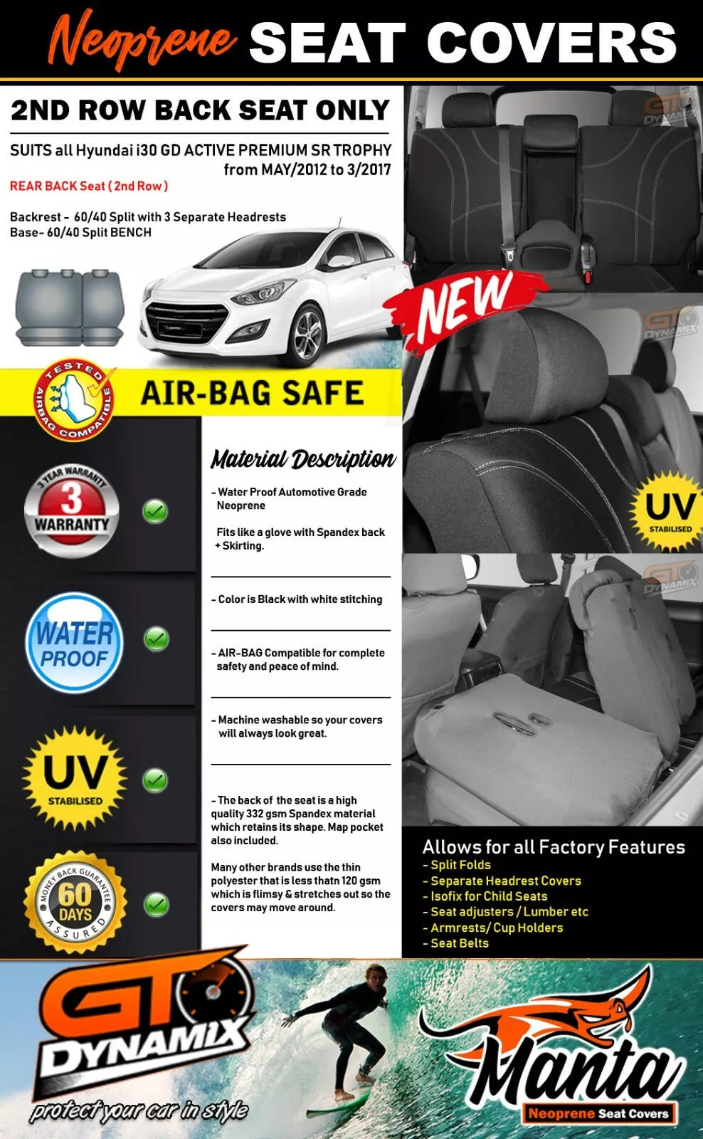 Manta Neoprene Rear Seat Covers For Hyundai GD i30 Active SR + 5/2012-3/2017