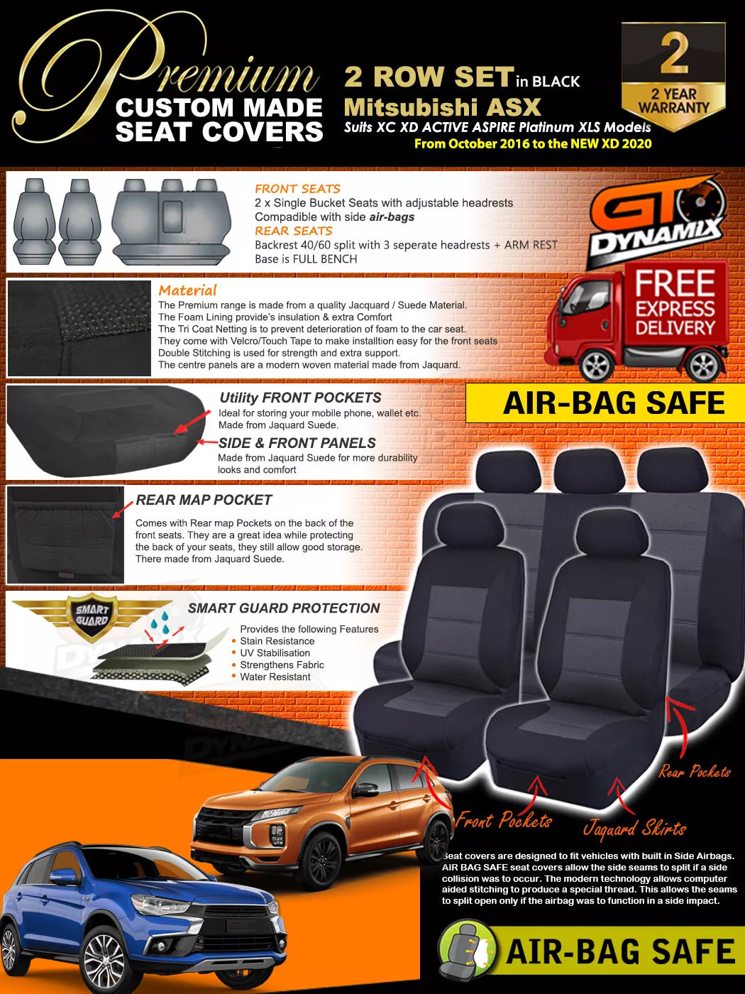 Premium Seat Covers 2 Rows Black For Mitsubishi ASX XC XD Active XLS ES 10/2016-2024