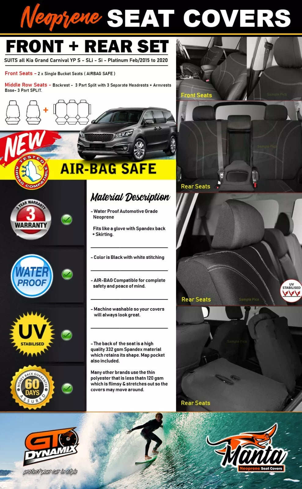 Manta Neoprene 2 Rows Seat Covers For Kia Grand Carnival YP Si SL-i S 2/2015-2020