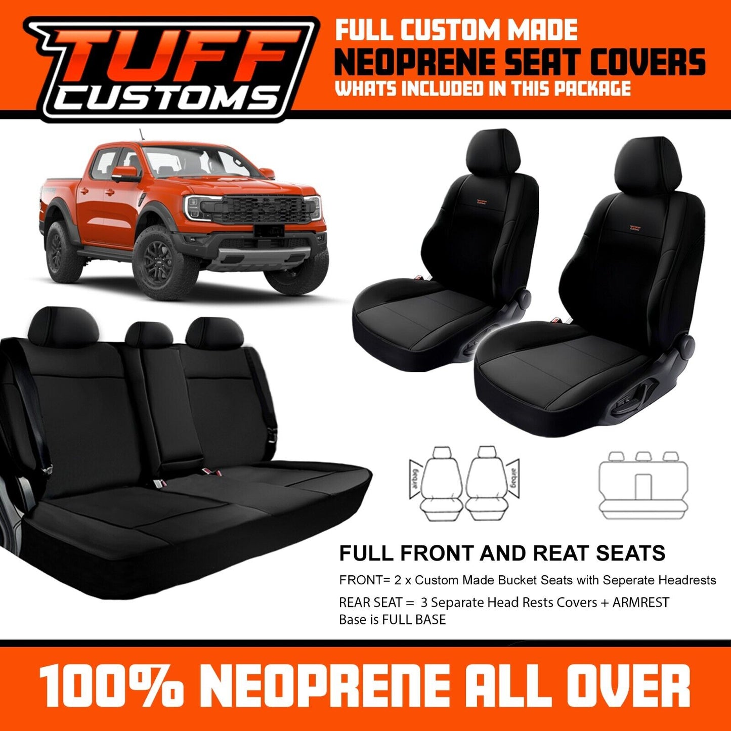 TUFF Customs Neoprene Seat Covers 2 Rows For FORD RANGER NEXT GEN RAPTOR 5/2022-2025