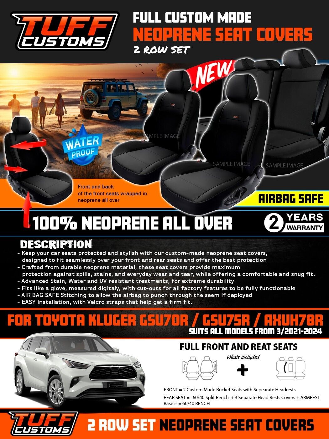 TUFF Customs Neoprene Seat Covers 2 Rows For Toyota Kluger GSU70R GSU75R GX GXL 3/2021-2024
