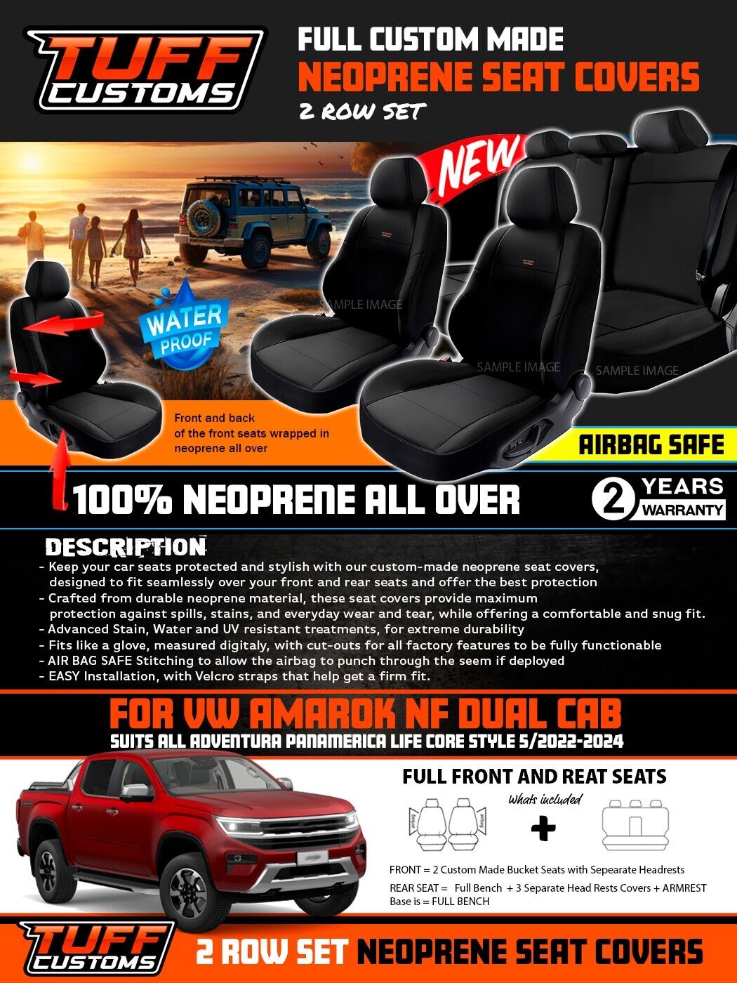 TUFF Customs Neoprene Seat Covers 2 Rows For Volkswagen Amarok NF Panamericana Style 12/2022-2024