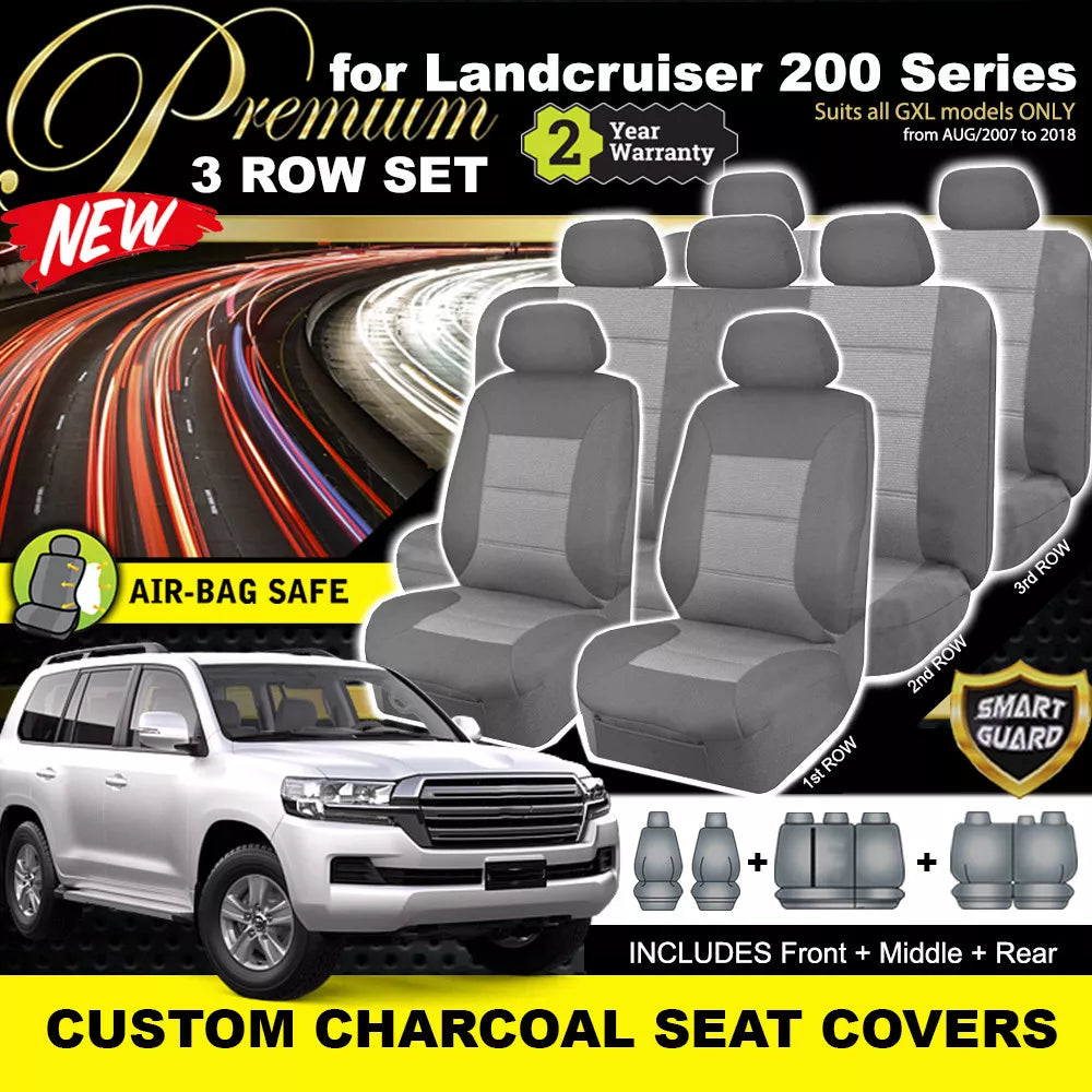 Premium Seat Covers 3 Rows Charcoal Grey For Toyota Landcruiser 200 Series GXL 2007-2021