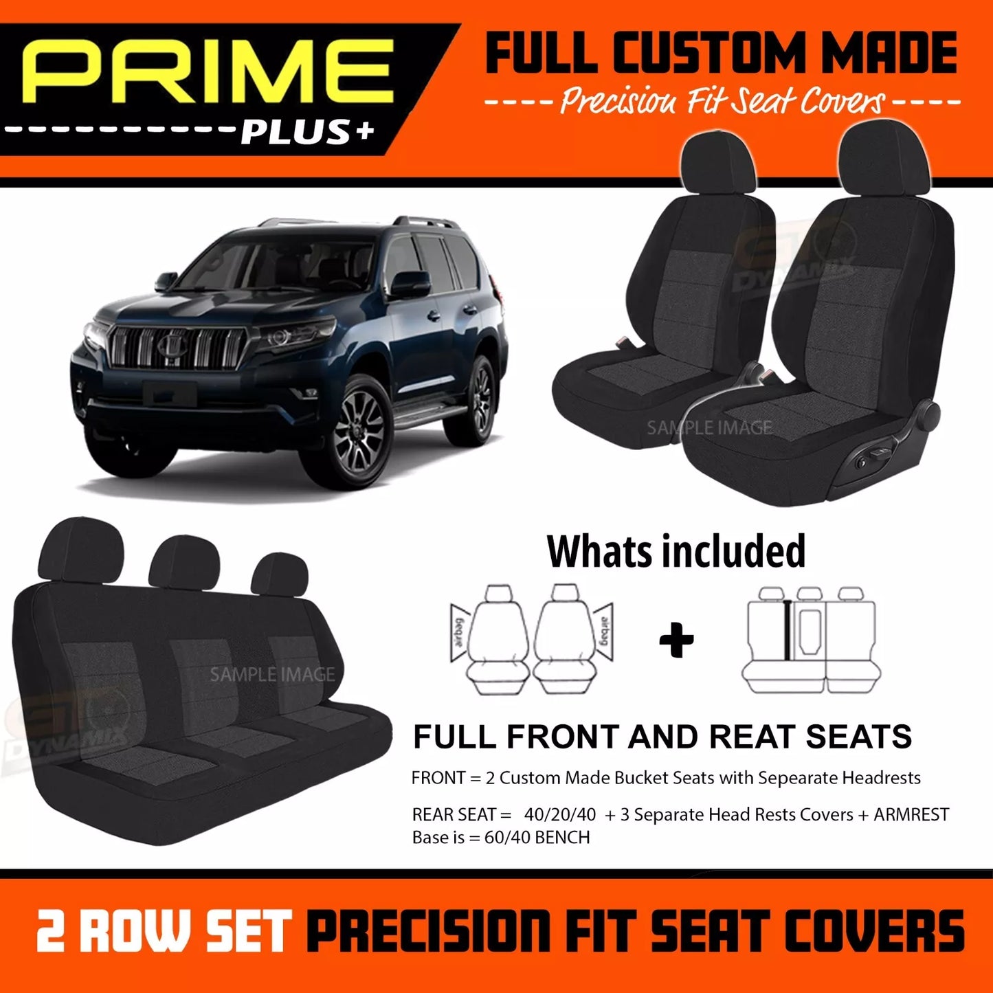 PRIME PLUS Seat Covers 2 Rows Black For Toyota Prado 150 Series GXL GX VX 7/2021-2024