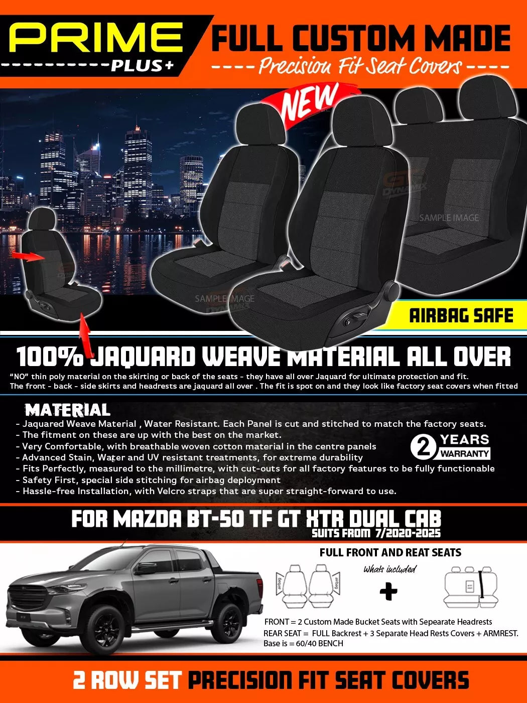 PRIME PLUS Seat Covers 2 Rows Black For Mazda BT-50 TF GT XT-R 7/2020-2025