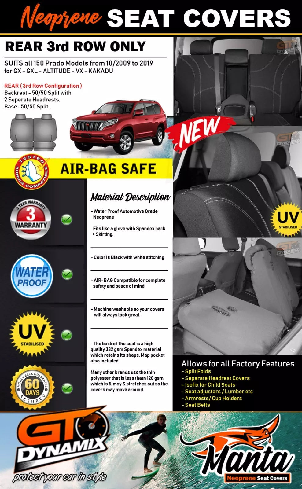Manta Neoprene 3rd Row Seat Covers For Toyota Prado 150 2009-2024
