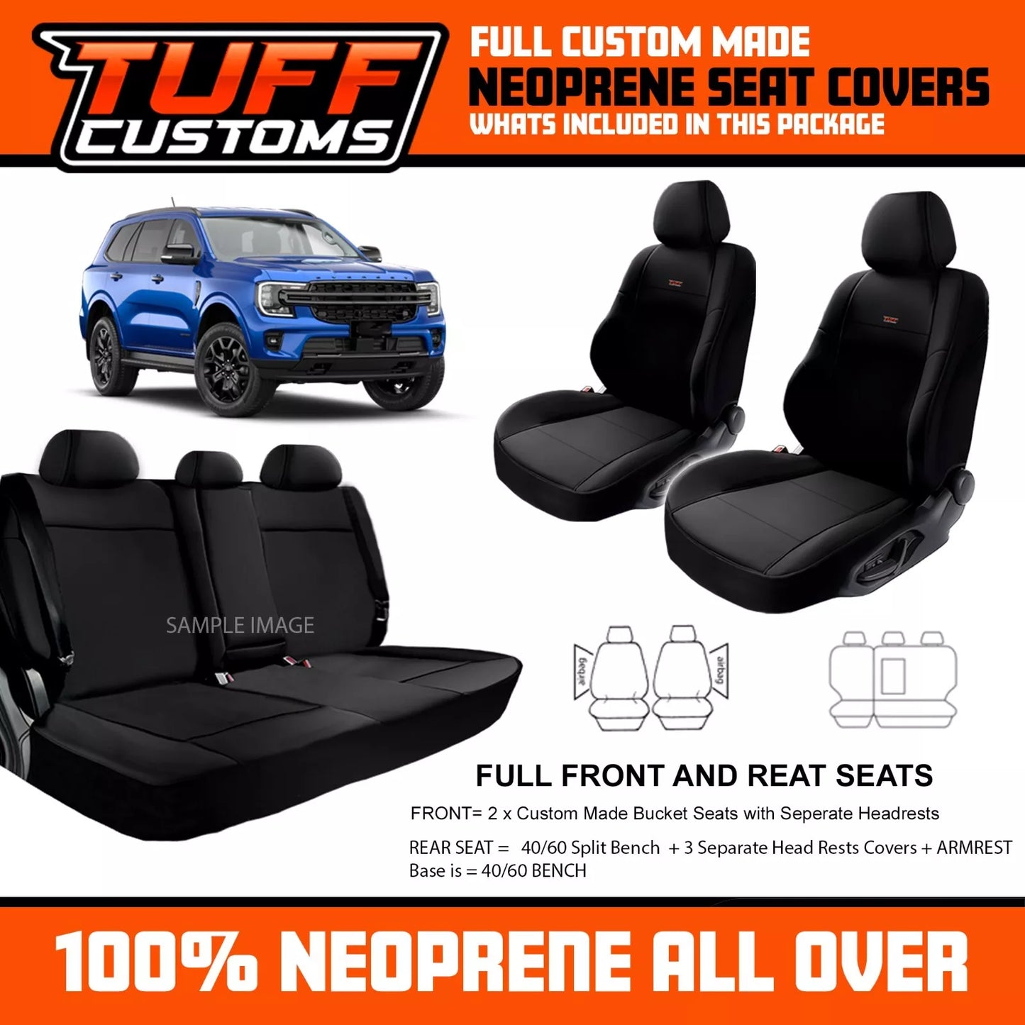 TUFF Customs Neoprene Seat Covers 2 Rows For Ford NEXT GEN EVEREST TREND WILDTRACK SPORT 2022-25
