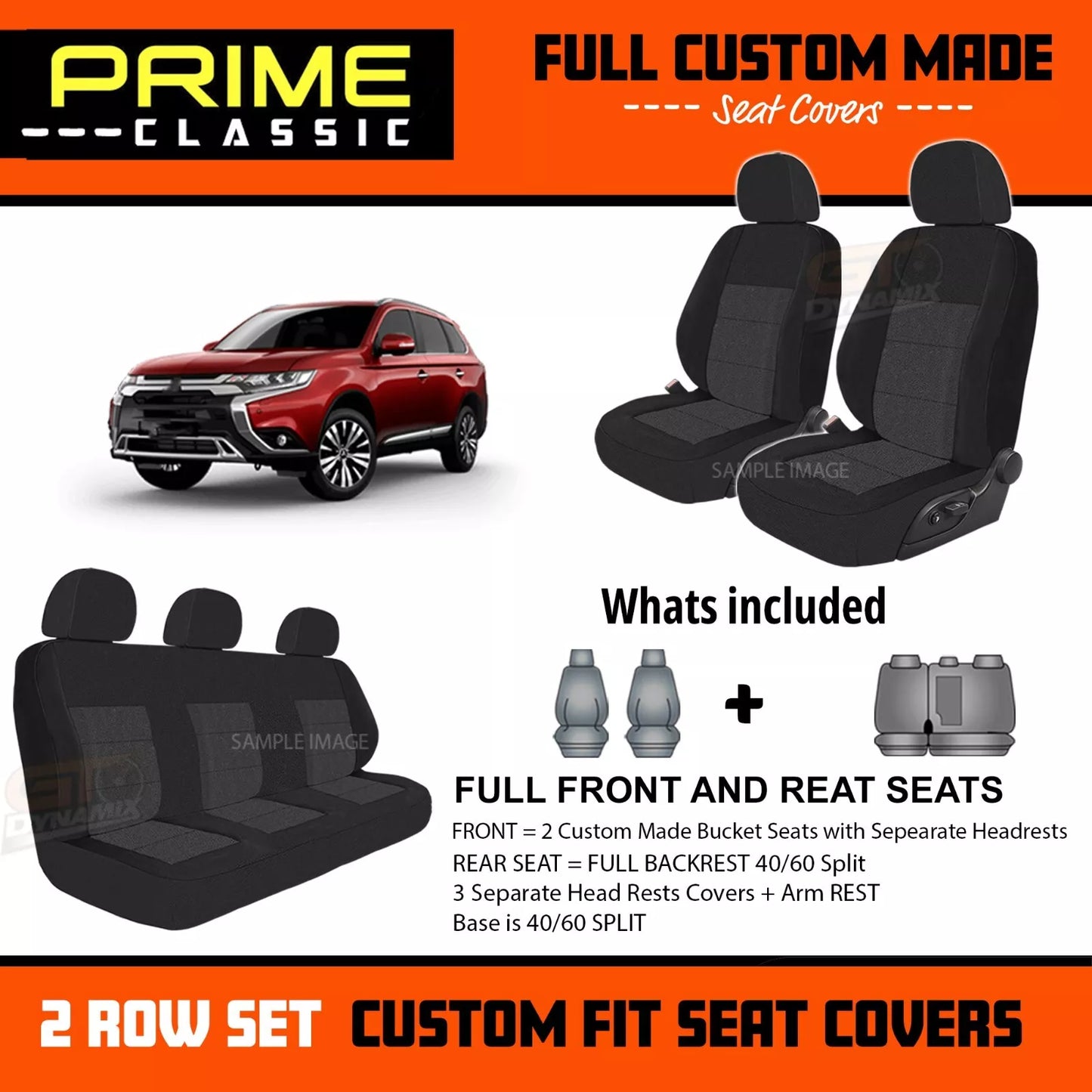 PRIME Classic Seat Covers 2 Rows Black For Mitsubishi OUTLANDER ZJ ZK ZL 11/2012-7/2021