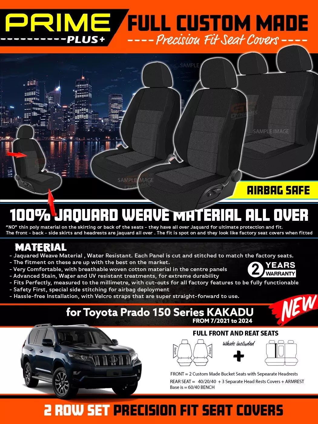 PRIME PLUS Seat Covers 2 Rows Black For Toyota Prado 150 Series Kakadu 7/2021-2024