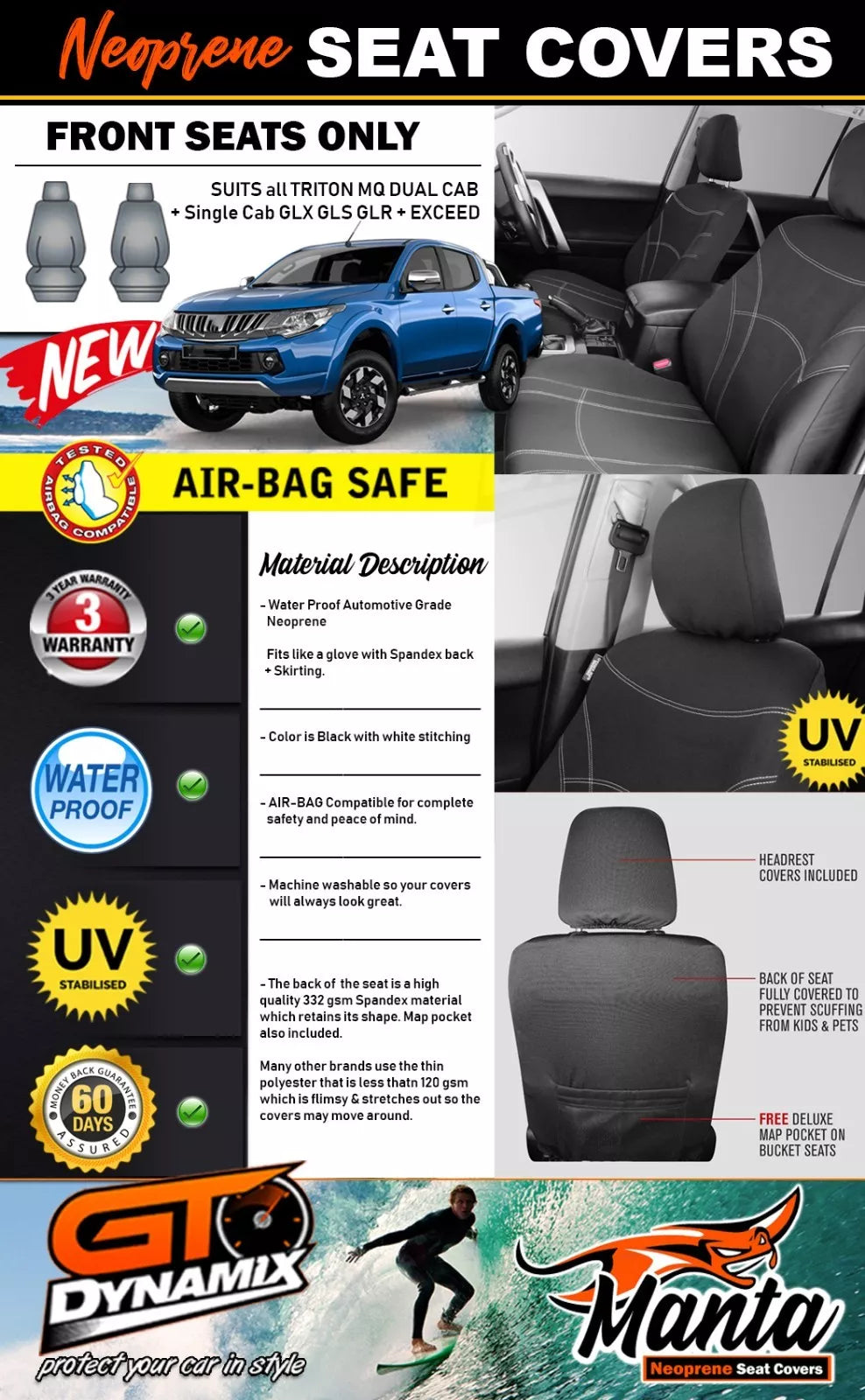 Manta Neoprene Front Seat Covers For TRITON MQ DUAL CAB 2015-2024