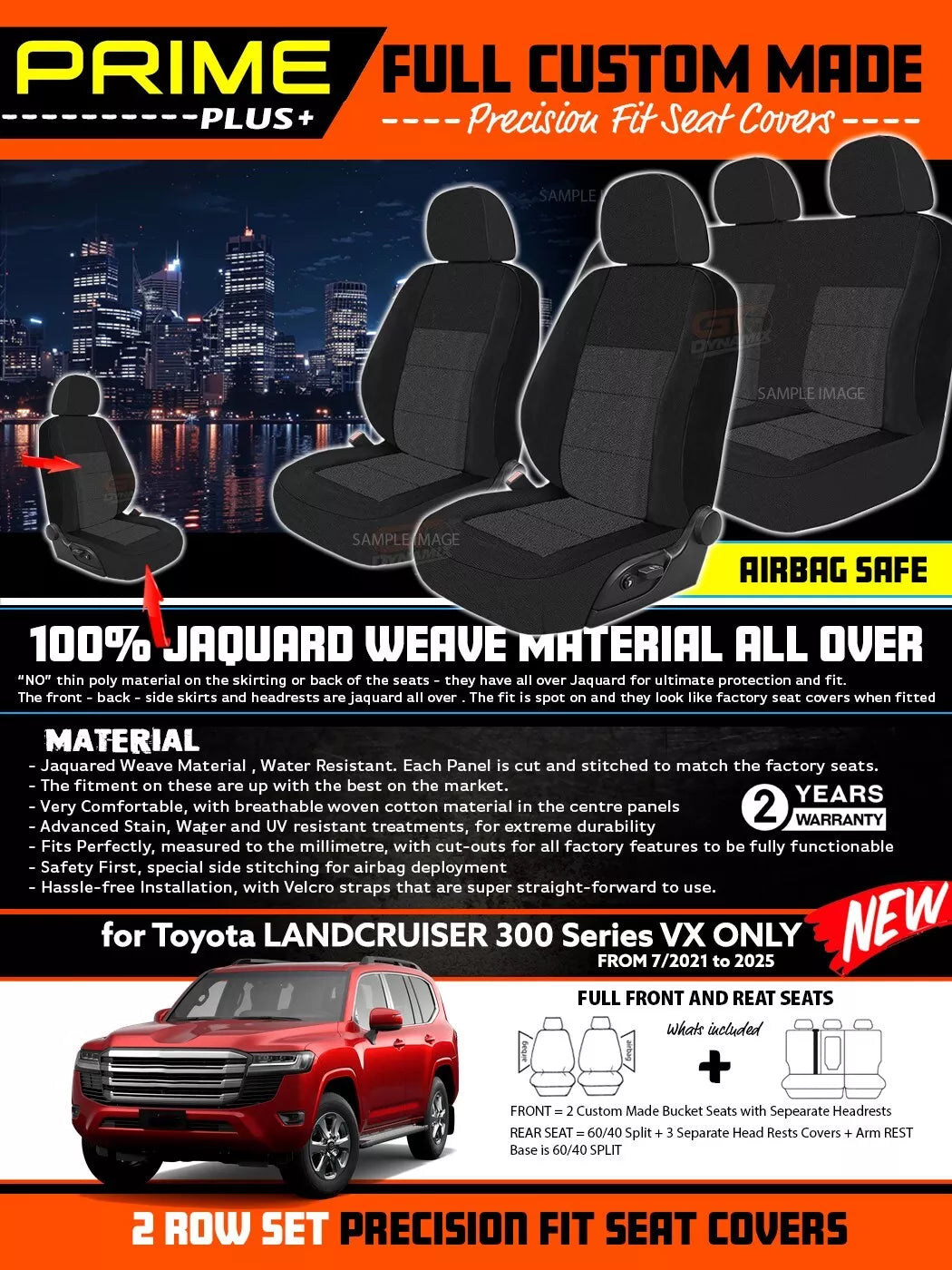 PRIME PLUS Seat Covers 2 Rows Black For Toyota Landcruiser 300 Series VX ONLY 7/2021-2025