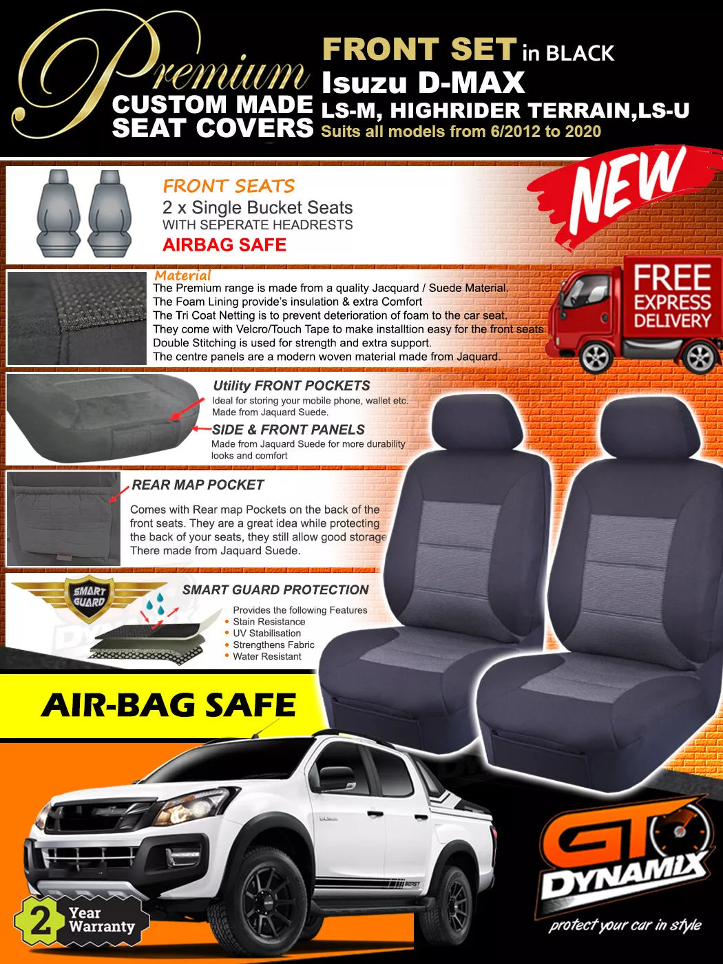 Premium Seat Covers Front Black For Isuzu D-MAX TF LS-M LS-U SX High 6/2012-2020