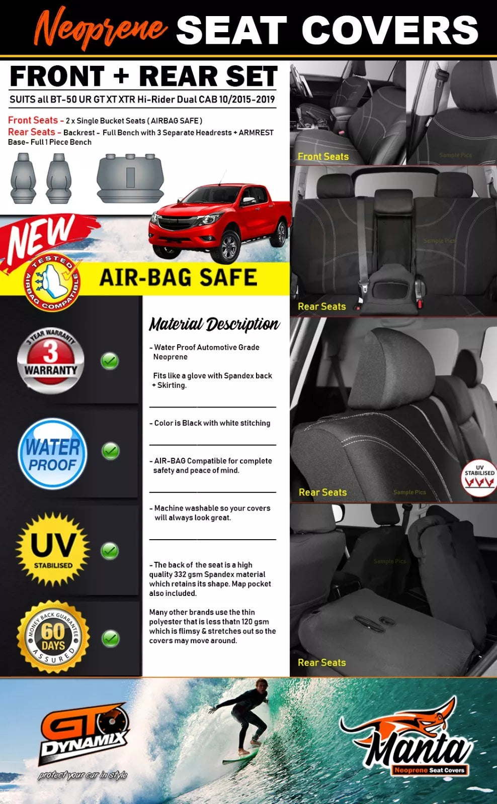 Manta Neoprene 2 Rows Seat Covers For Mazda BT-50 Dual CAB UR XTR 6/2015-2020