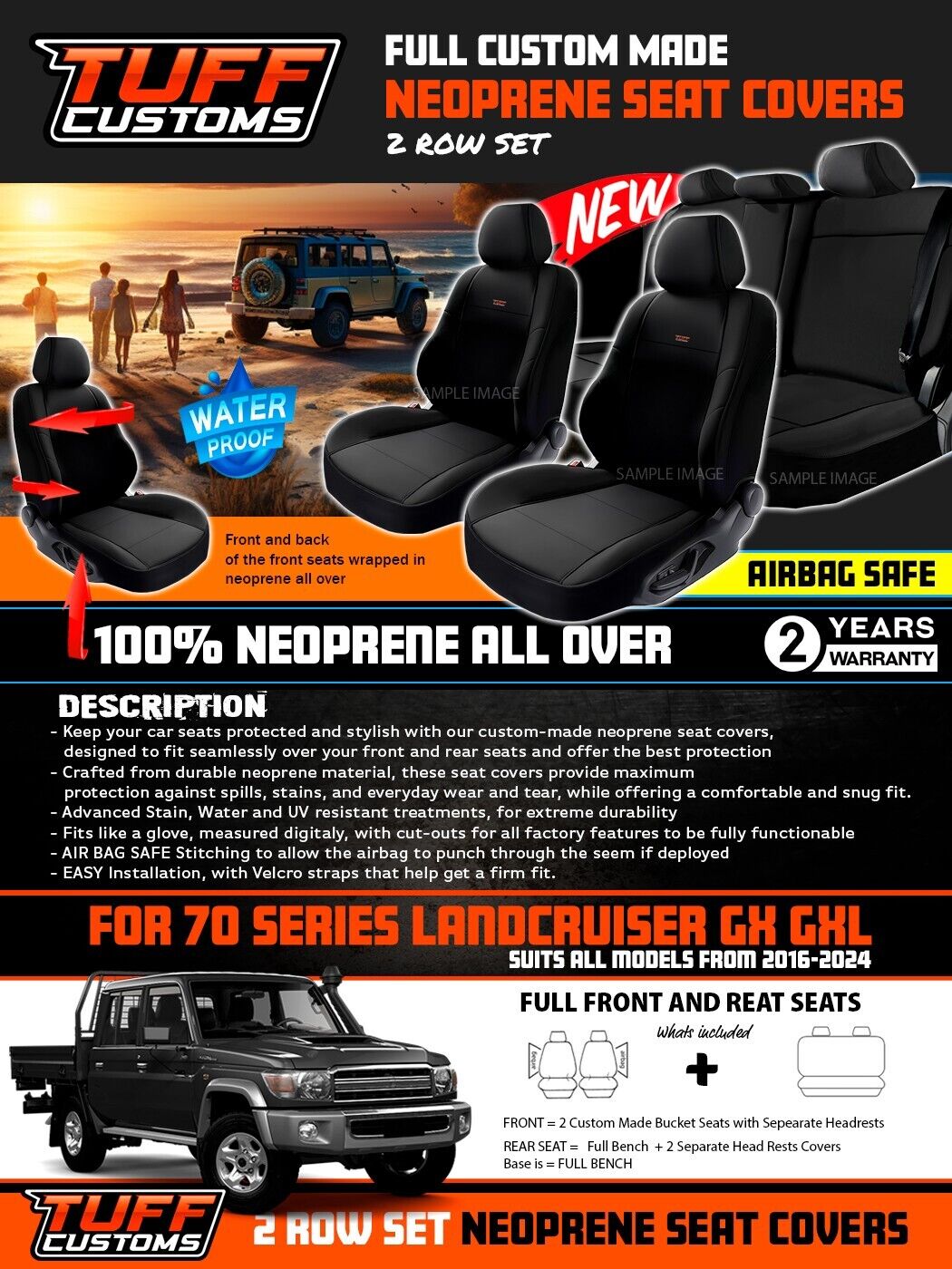 TUFF Customs Neoprene Seat Covers 2 Rows For Toyota Landcruiser 79 Series GX GXL VDJ79R 2016-2025