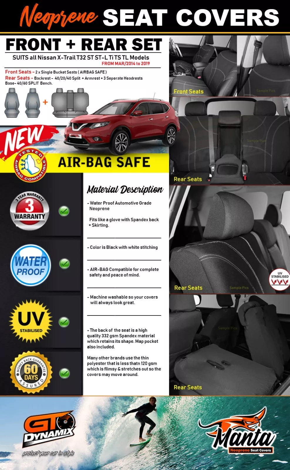 Manta Neoprene 2 Rows Seat Covers For Nissan X-Trail T32 ST Ti TS TL 2014-2022