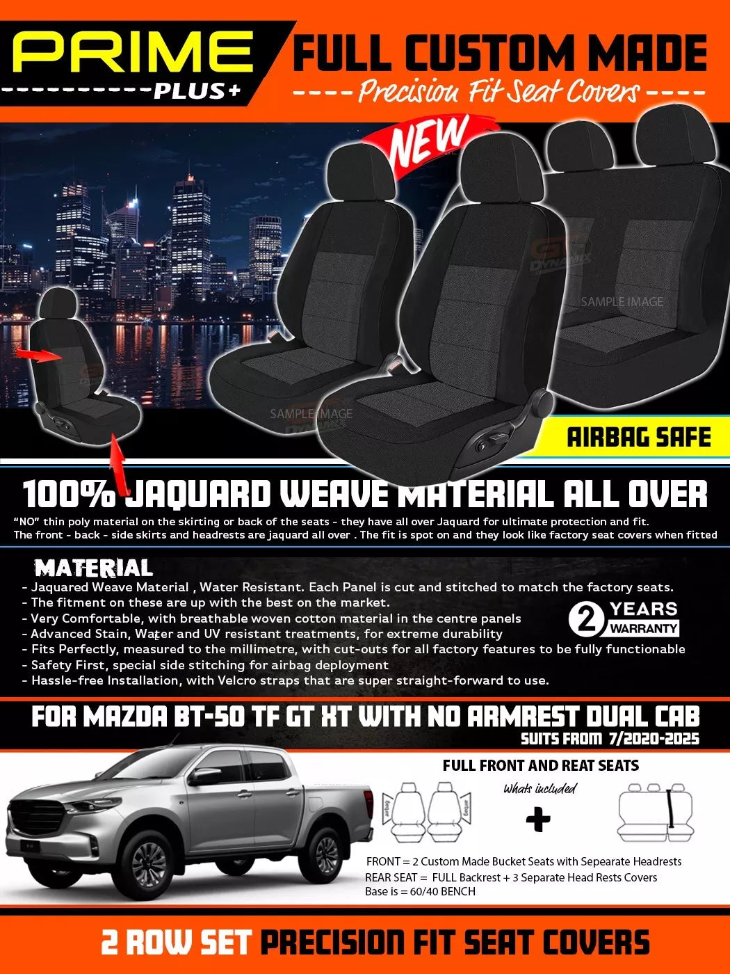 PRIME PLUS Seat Covers 2 Rows Black For Mazda BT-50 TF XS XT NO ARMREST 7/2020-2025