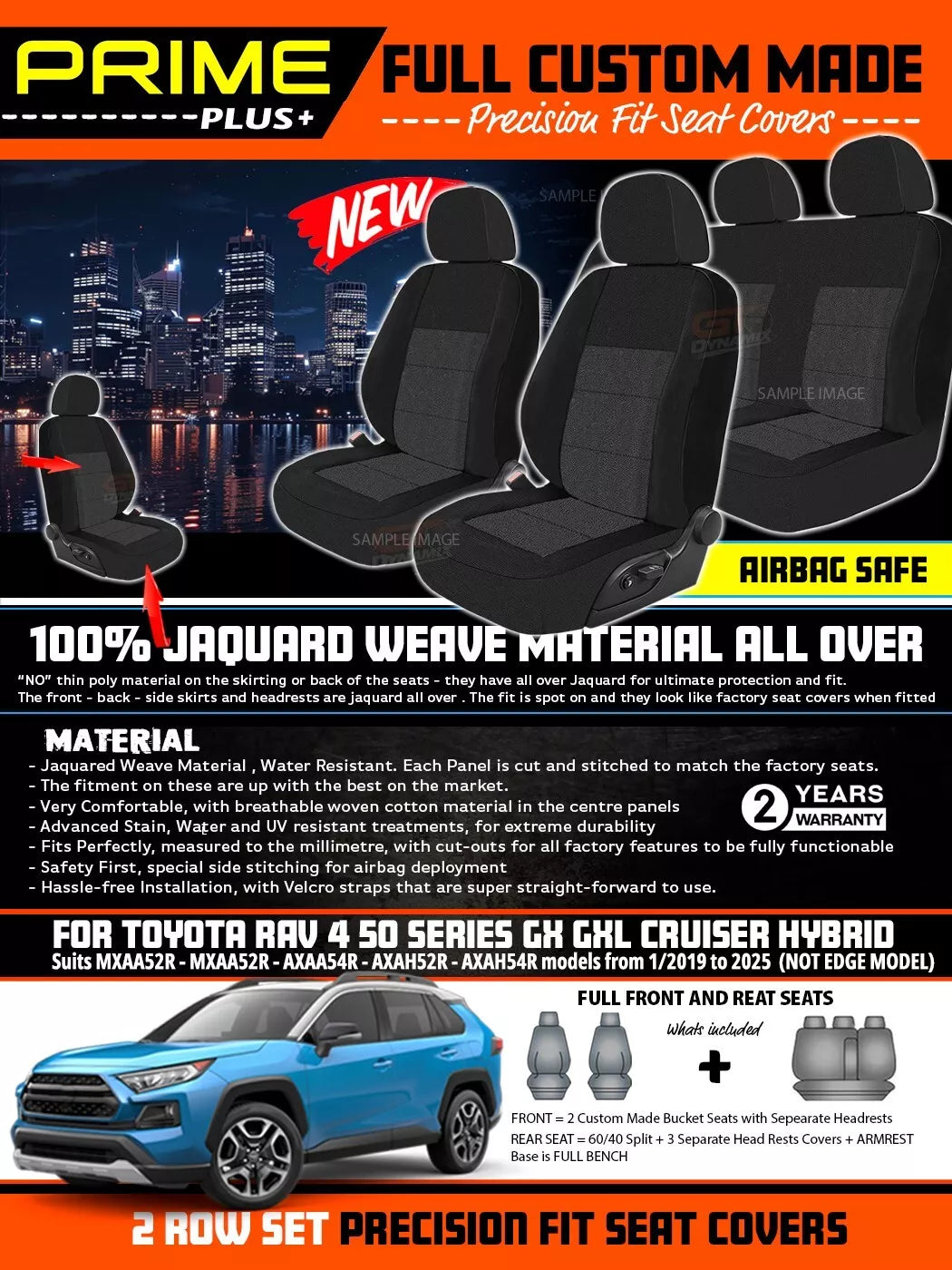 PRIME PLUS Seat Covers 2 Rows Black For Toyota RAV 4 50 SERIES GXL GX Hybrid 1/2019-2025