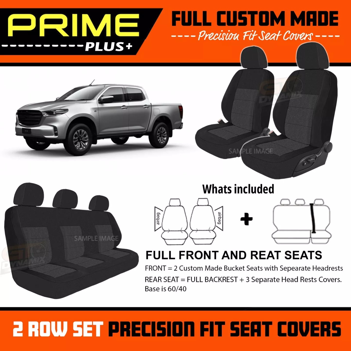 PRIME PLUS Seat Covers 2 Rows Black For Mazda BT-50 TF XS XT NO ARMREST 7/2020-2025