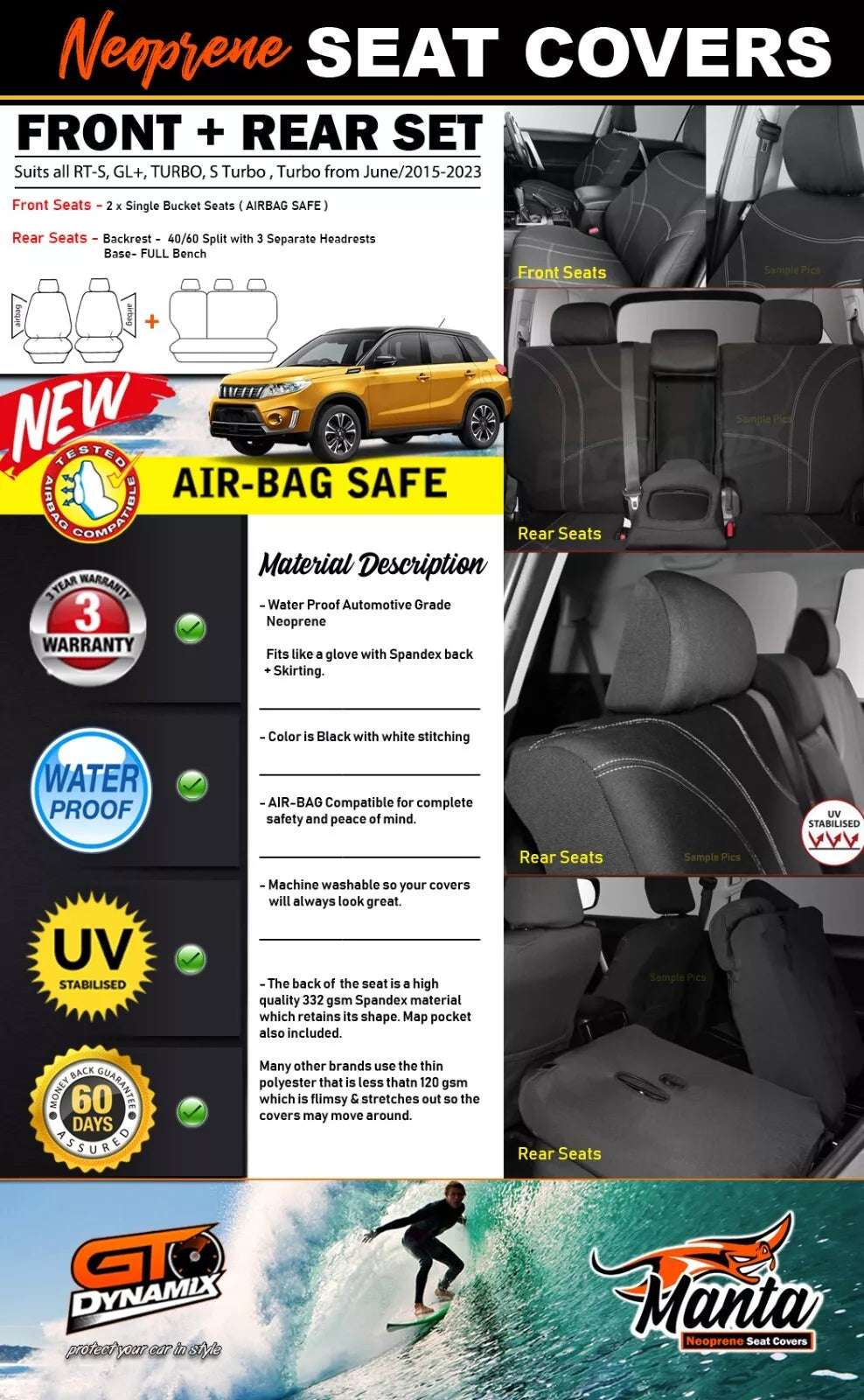 Manta Neoprene 2 Rows Seat Covers For Suzuki Vitara LY RT-S GL+ Turbo S 6/2015-2024