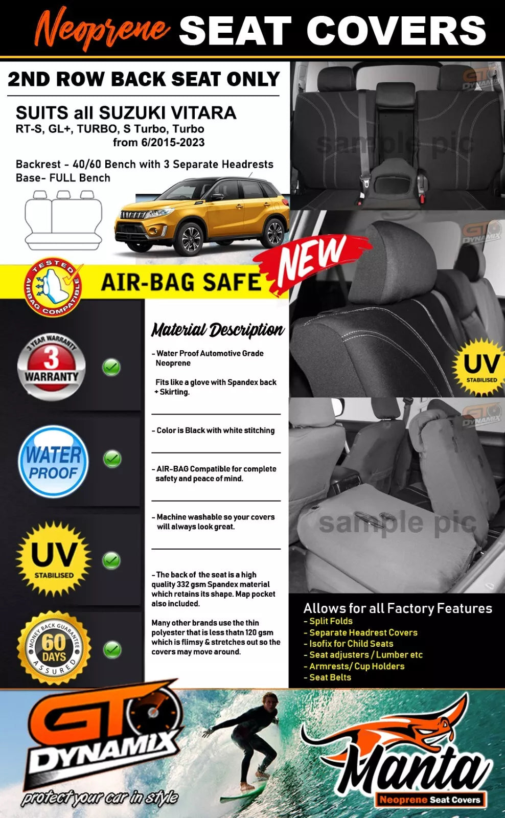 Manta Neoprene Rear Seat Covers For Suzuki Vitara LY RT-S Turbo 6/2015-2024