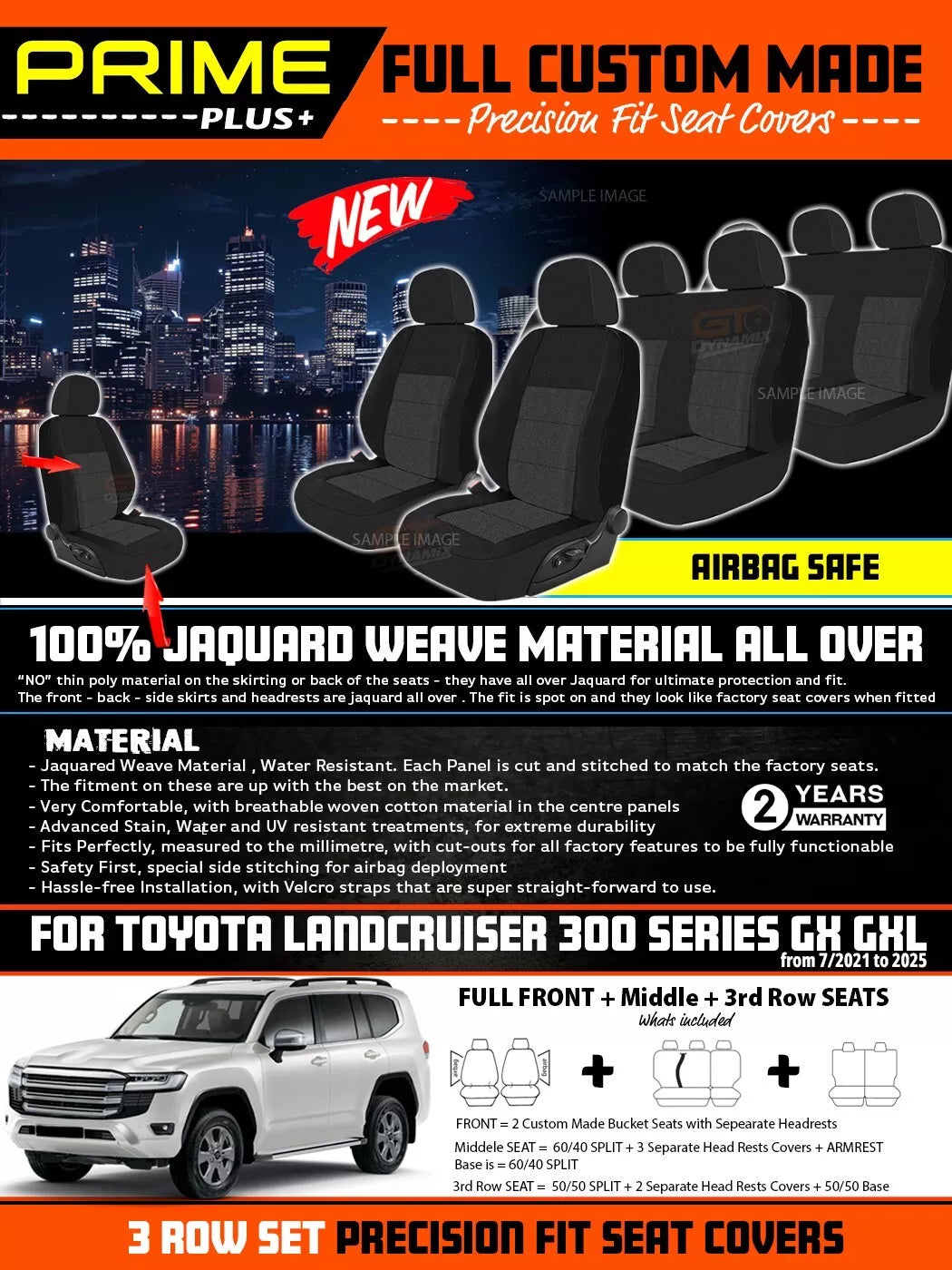 PRIME PLUS Seat Covers 3 Rows Black For Toyota Landcruiser 300 Series GXL GX 7/2021-2025