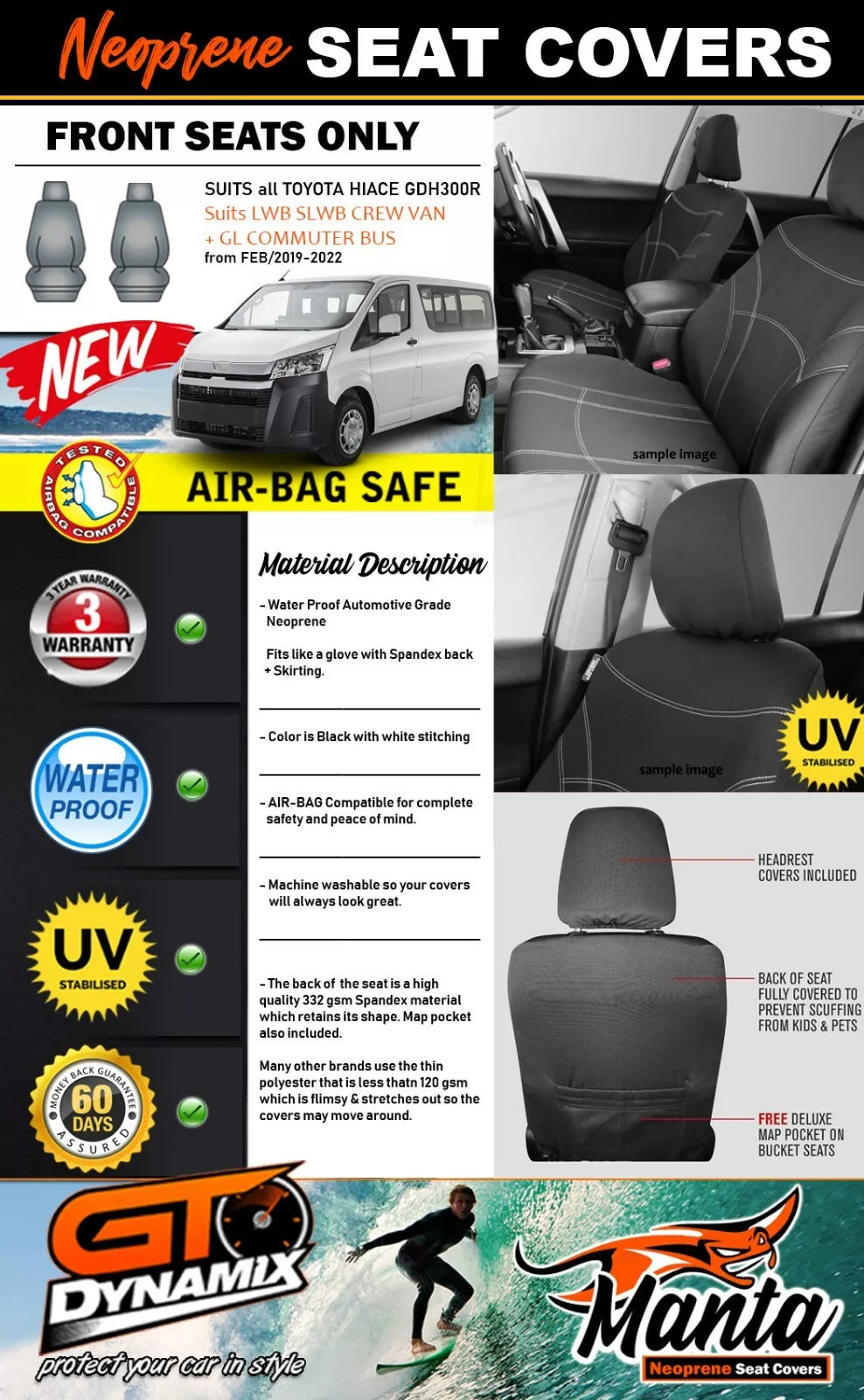 Manta Neoprene Front Seat Covers For Toyota Hiace GDH300R LWB SLWB 2/2019-2024