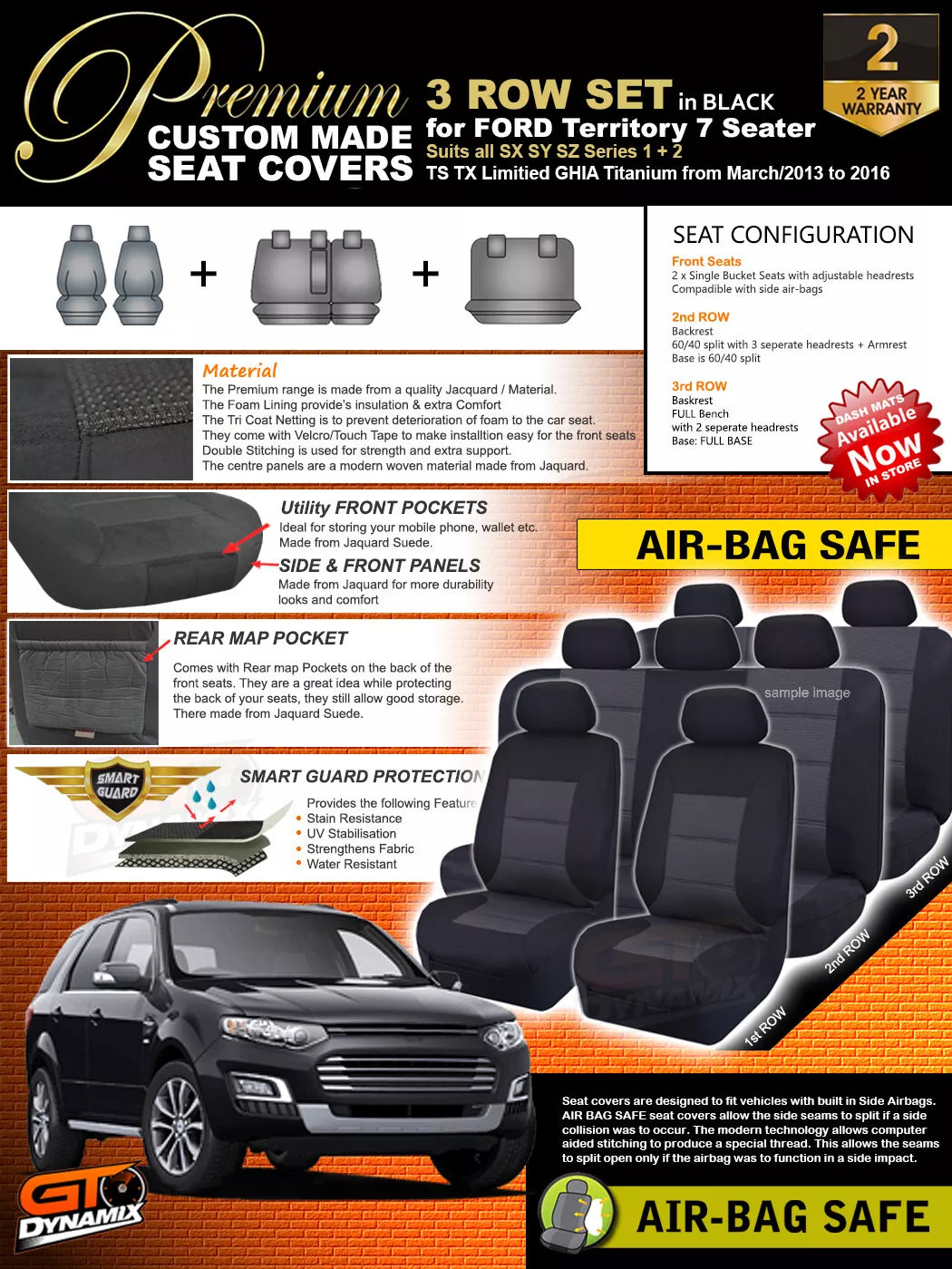 Premium Seat Covers 3 Rows Charcoal Grey For Ford Territory SX SY SZ TS TX GHIA 3/2013-2016