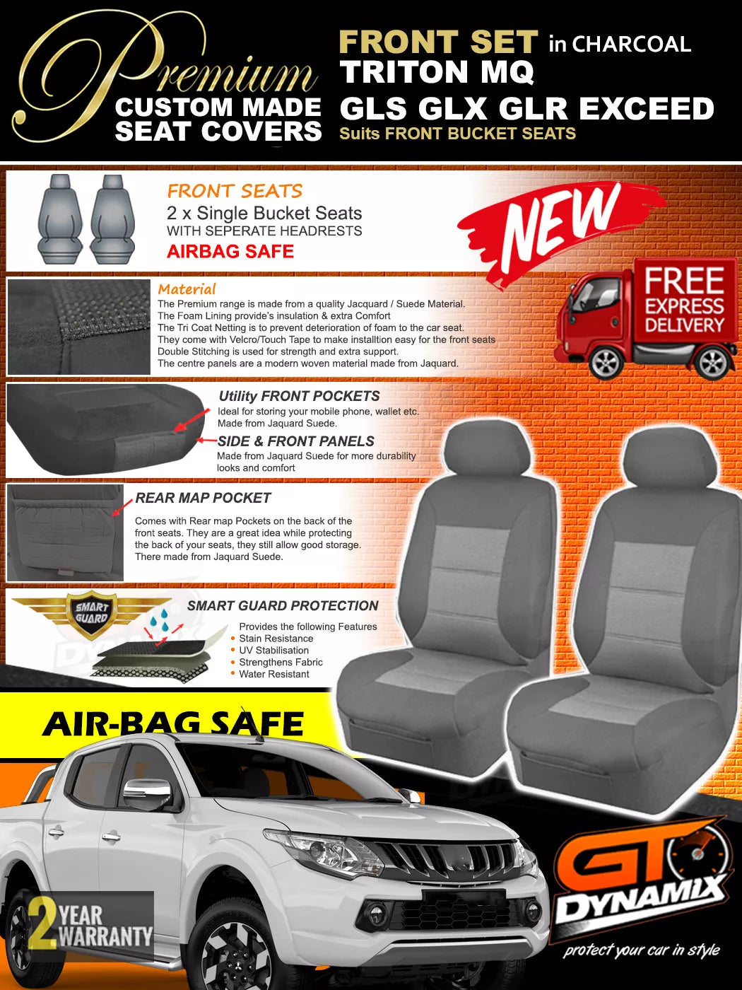 Premium Seat Covers Front Charcoal Grey For Mitsubishi Triton MQ MR GLX GLS Exceed 2015-2023