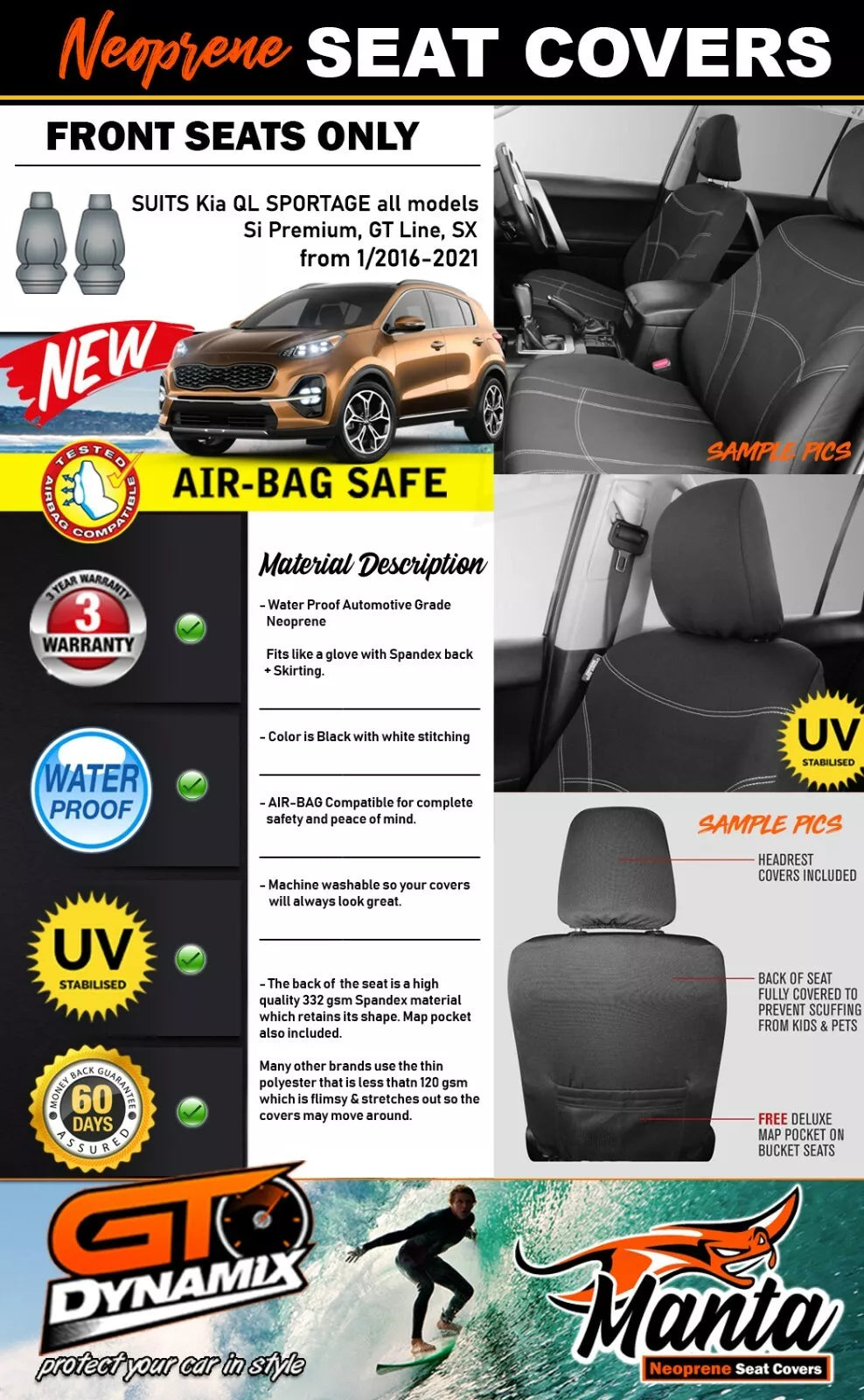 Manta Neoprene Front Seat Covers For Kia QL Sportage Si Premium GT Line 2016-2021