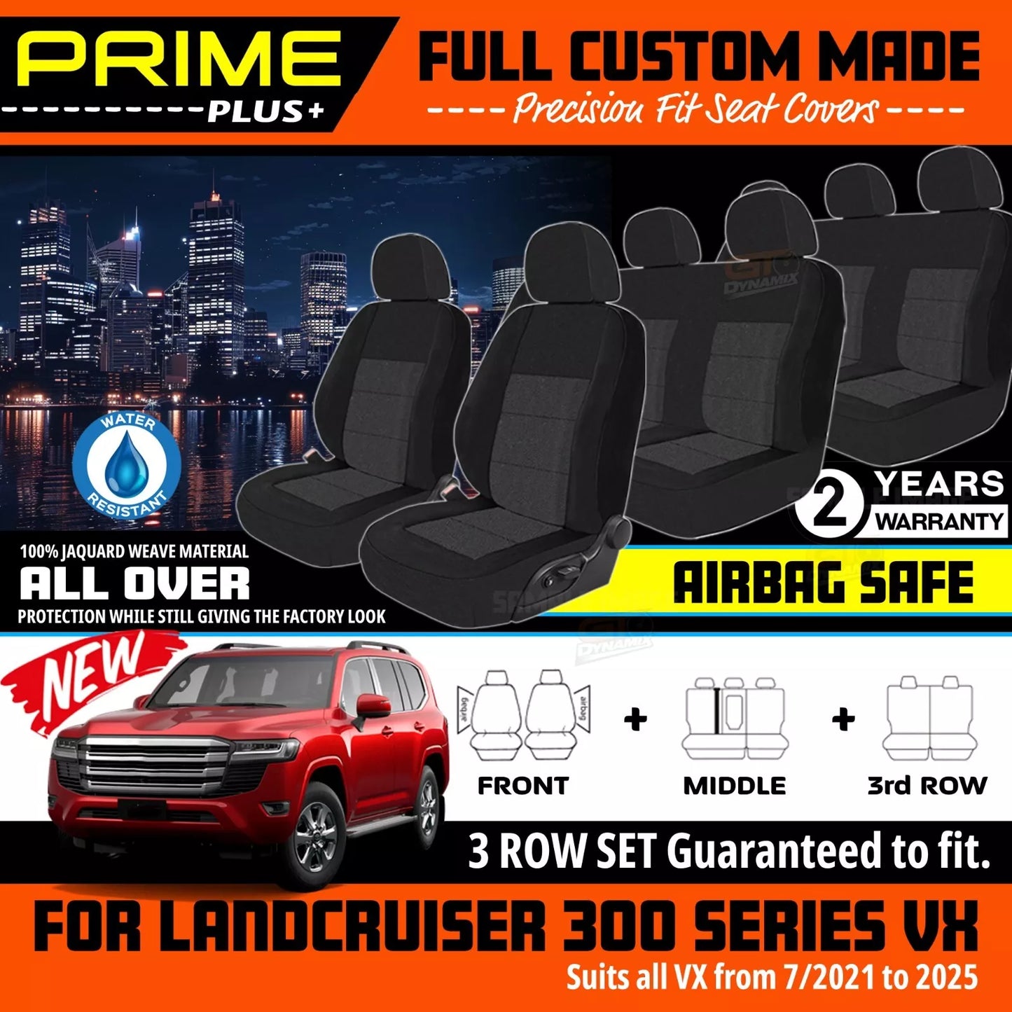 PRIME PLUS Seat Covers 3 Rows Black For Toyota Landcruiser 300 Series VX 7/2021-2025