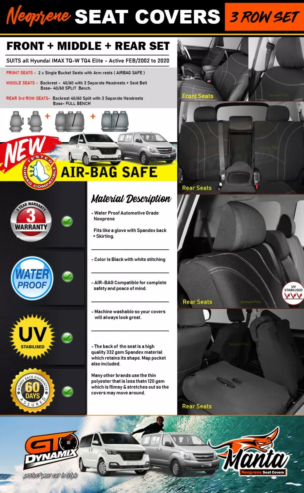 Manta Neoprene 3 Rows Seat Covers For HYUNDAI I-Max Set TQ-W TQ4 IMAX 2/2008-2020