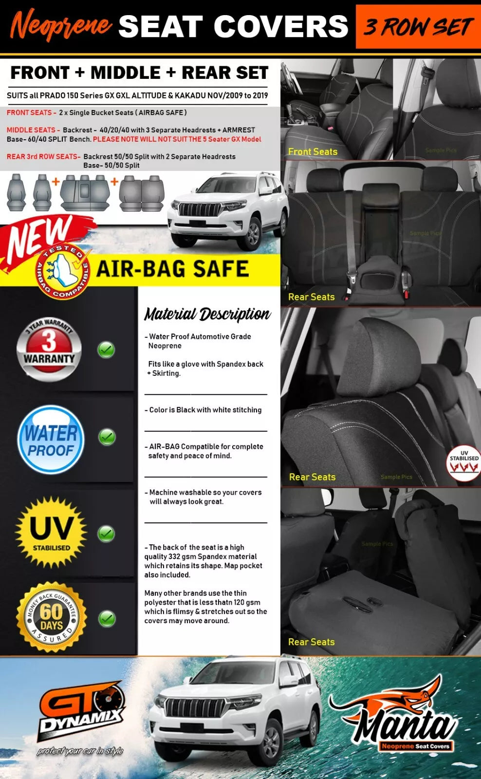 Manta Neoprene 3 Rows Seat Covers For Toyota Prado 150 GXL VX 2009-5/2021