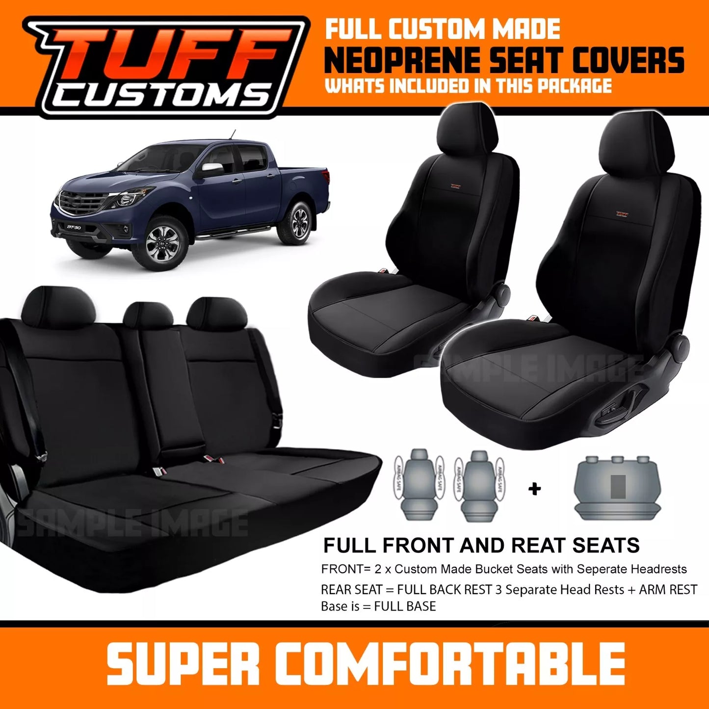 TUFF Customs S1 Neoprene Seat Covers For Mazda BT-50 UR XT XTR BT50 10/2015-2020 Black 2 Rows