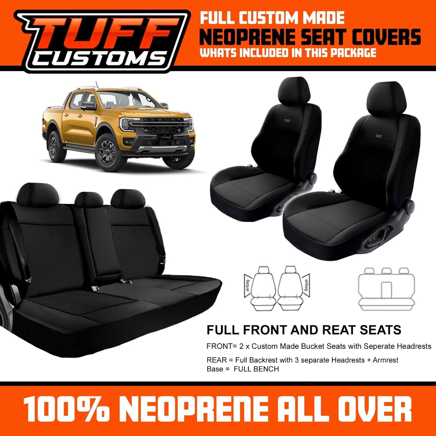 TUFF Customs Neoprene Seat Covers 2 Rows For FORD RANGER NEXT GEN Wildtrack SPORT 2022-2025