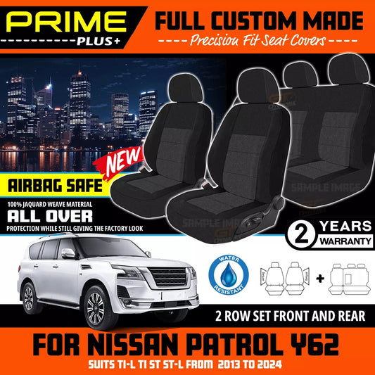 PRIME PLUS Seat Covers 2 Rows Black For Nissan Y62 Patrol Ti Ti-L ST 2013-2024