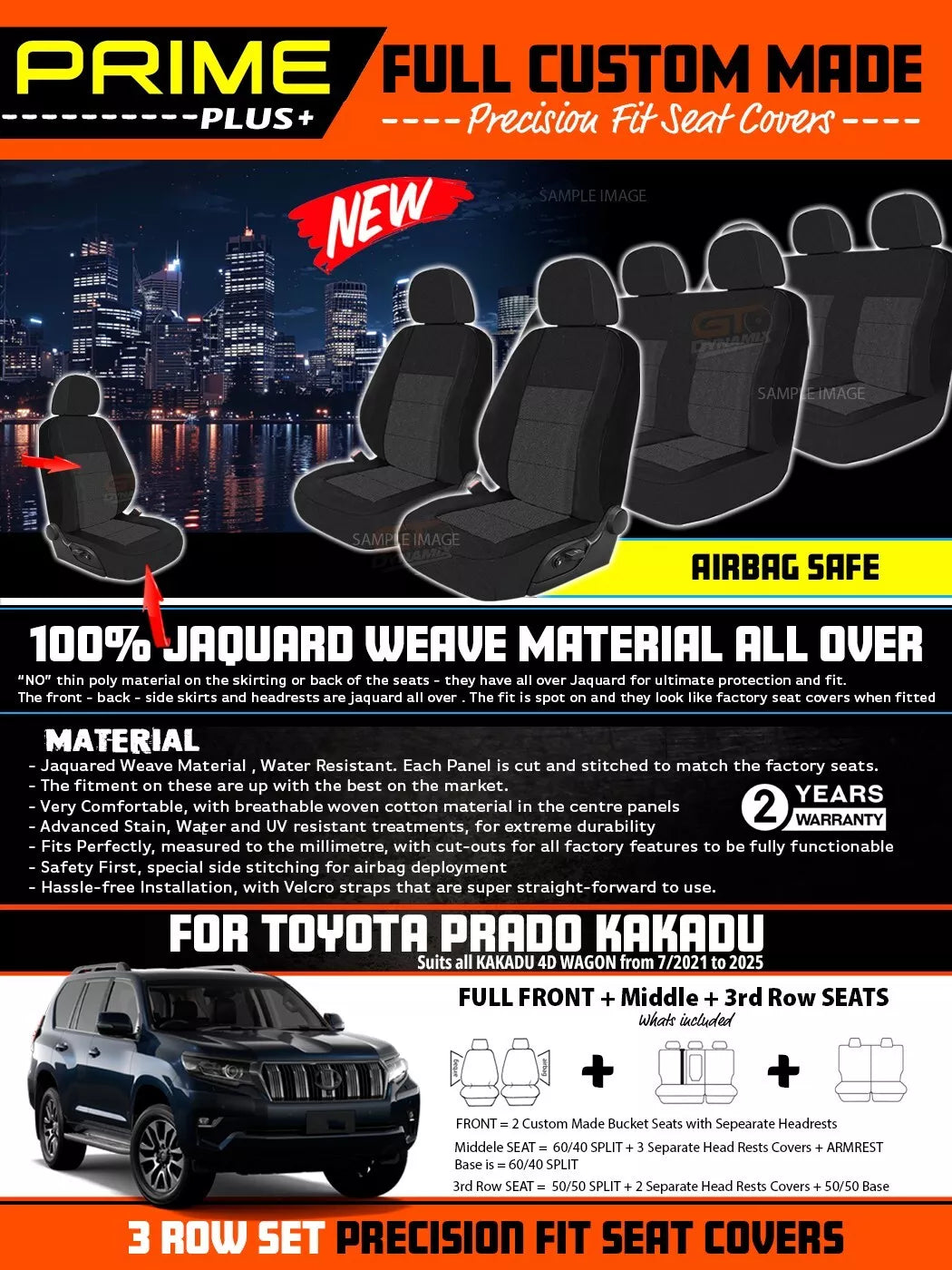 PRIME PLUS Seat Covers 3 Rows Black For Toyota Prado 150 Series Kakadu 7/2021-2024