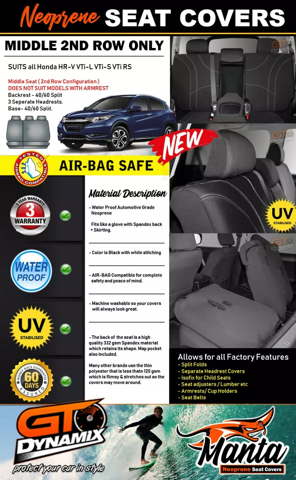 Manta Neoprene Rear Seat Covers For Honda HR-V VTi-S VTi RS 2015-9/2021