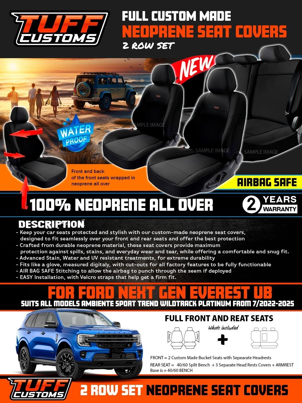 TUFF Customs Neoprene Seat Covers 2 Rows For Ford NEXT GEN EVEREST Platinum Ambiente 5/2022-2025