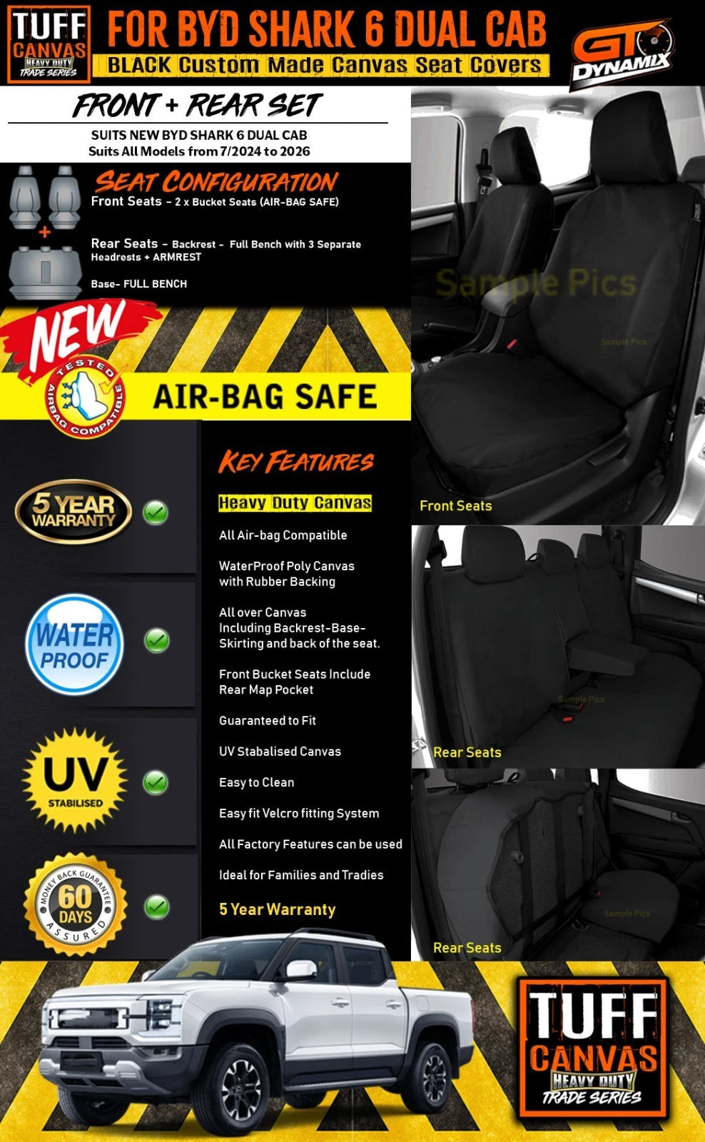 Black TUFF Canvas TRADE for BYD Shark 6 DUAL Cab All Models 2 ROW SET 7/2024-2026