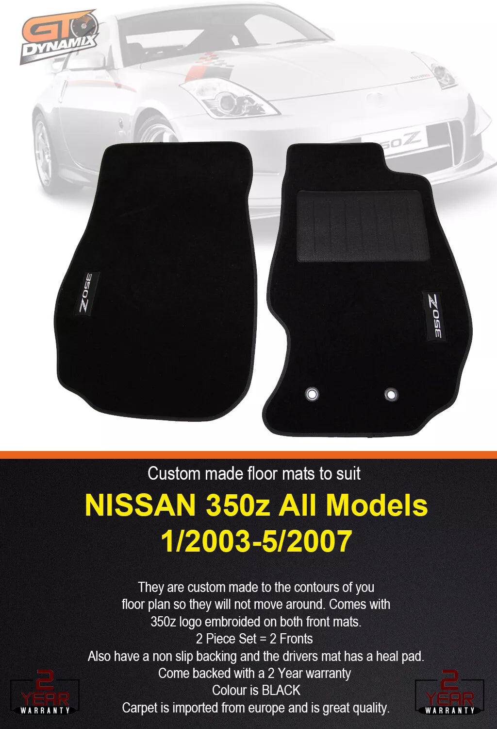 CUSTOM MADE FLOOR MATS For Nissan 350Z SET of 2 FRONT BLACK 350Z Logo 03-5/2007