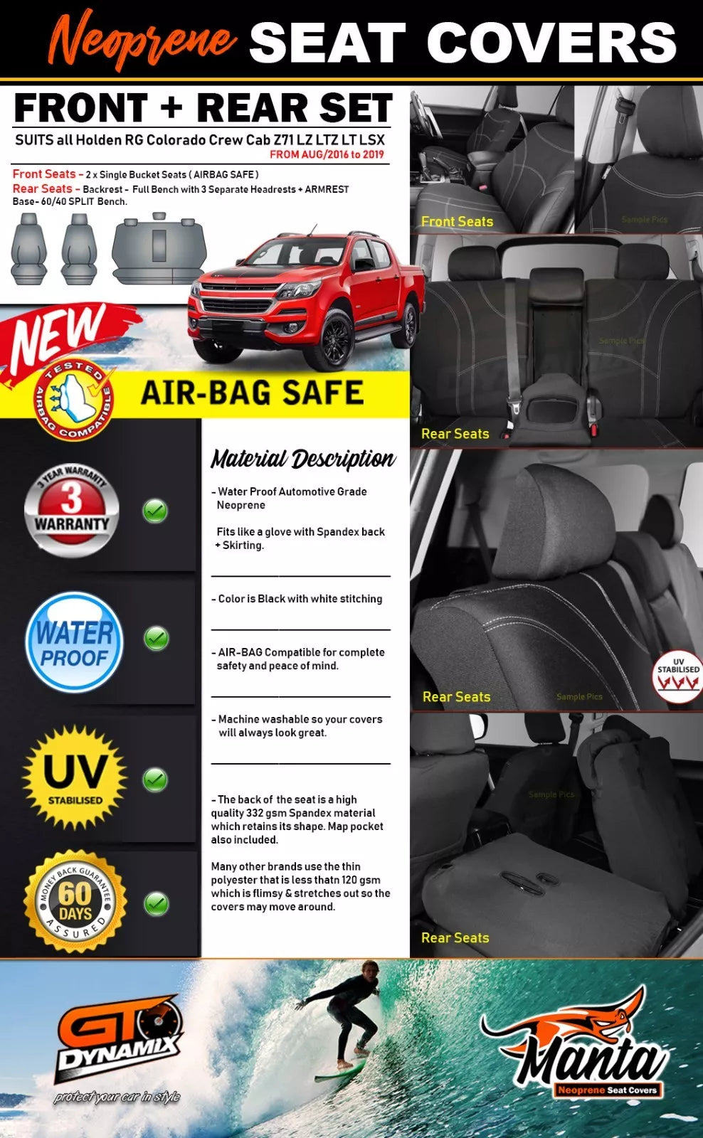 Manta Neoprene 2 Rows Seat Covers For Holden RG Colorado LTZ LS LT 6/2012-2020