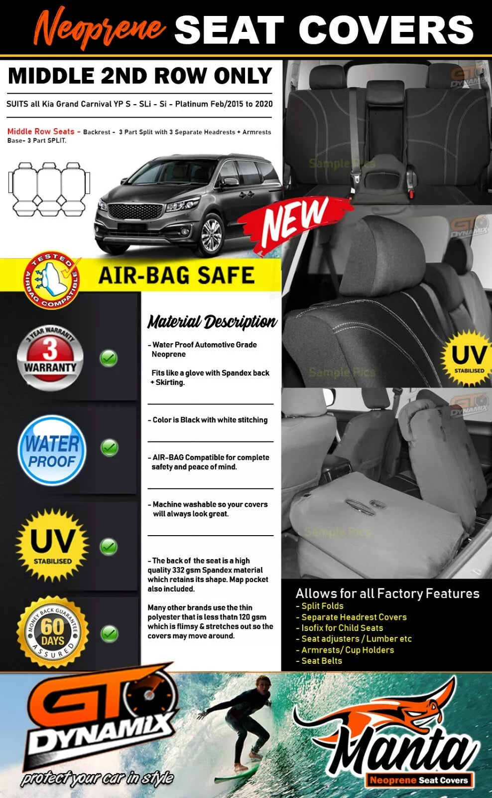 Manta Neoprene 2nd Row Seat Covers For Kia Carnival YP Si SL-i S 2/2015-9/2020